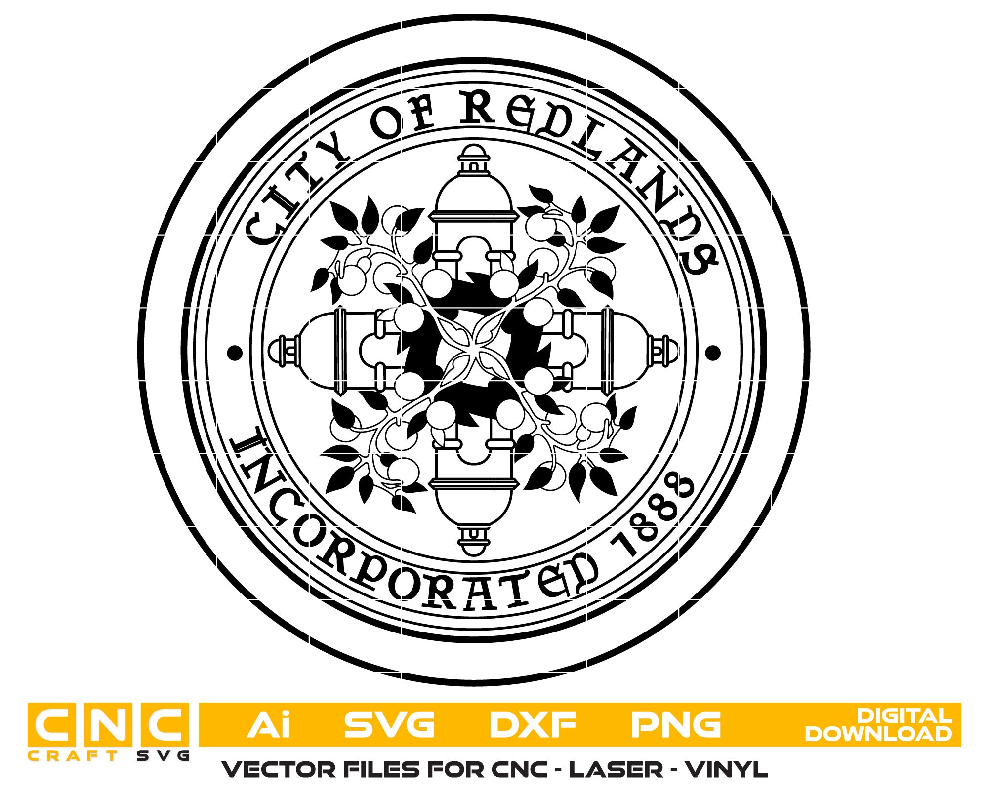 Redlands, California seal Vector art Svg, Dxf, Jpg, Png, and Ai files For laser engraving, woodworking, acrylic painting, and all printing machines.