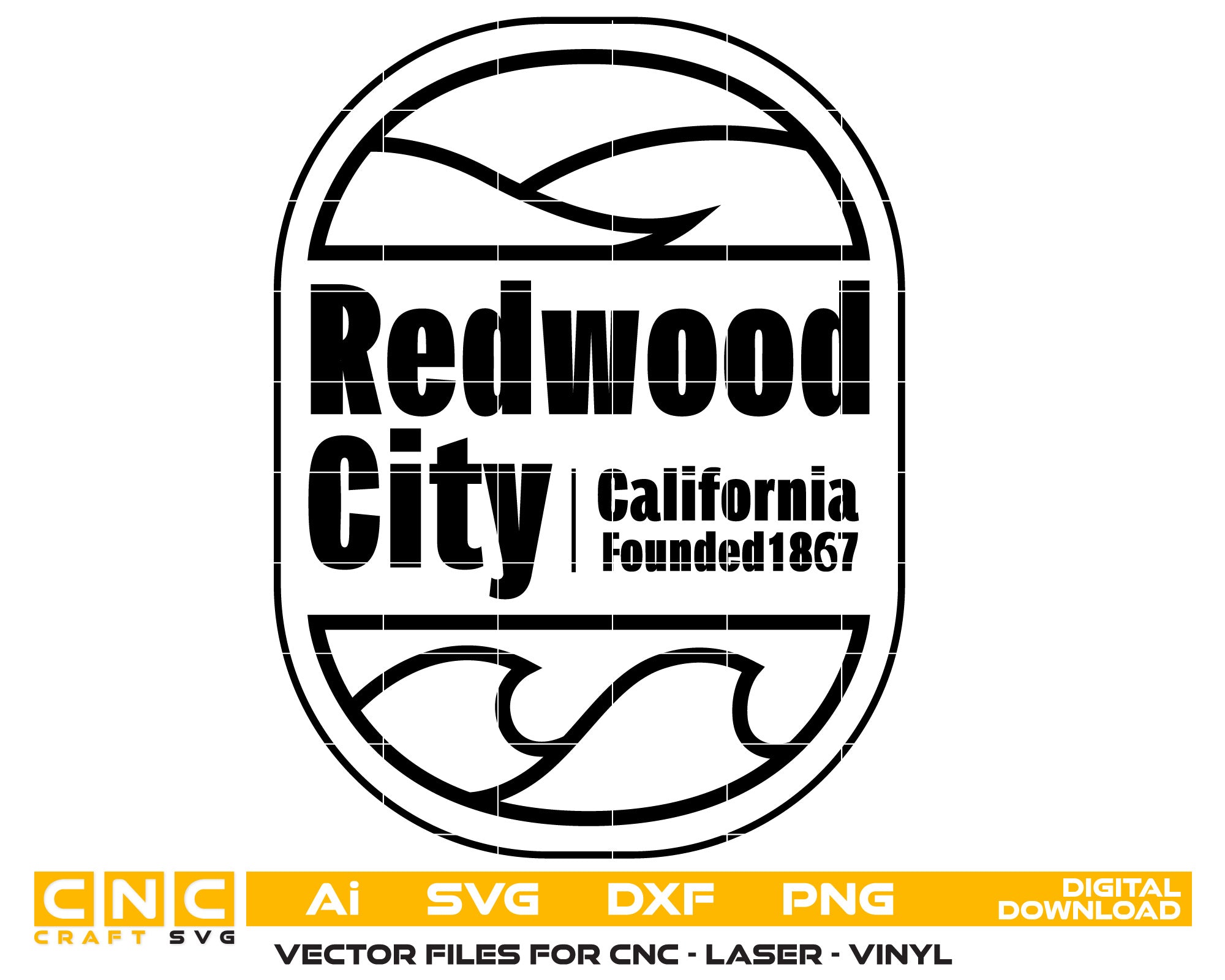 Redwood City logo Vector art Svg, Dxf, Jpg, Png, and Ai files For laser engraving, woodworking, acrylic painting, and all printing machines.