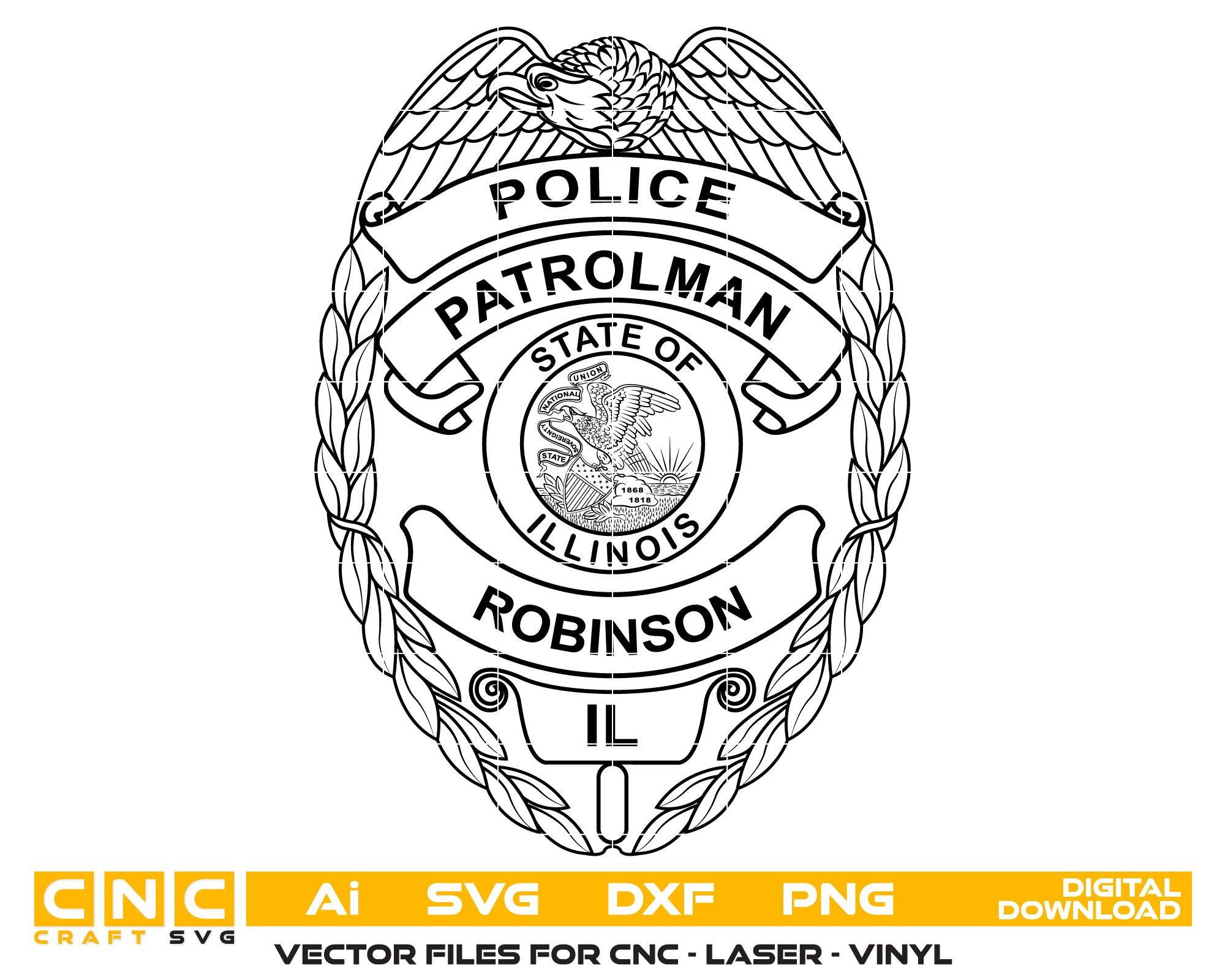 Robinson Police Department Badge SVG digital download, Illinois police emblem vector design for Cricut, Silhouette, CNC, engraving, and law enforcement crafts.