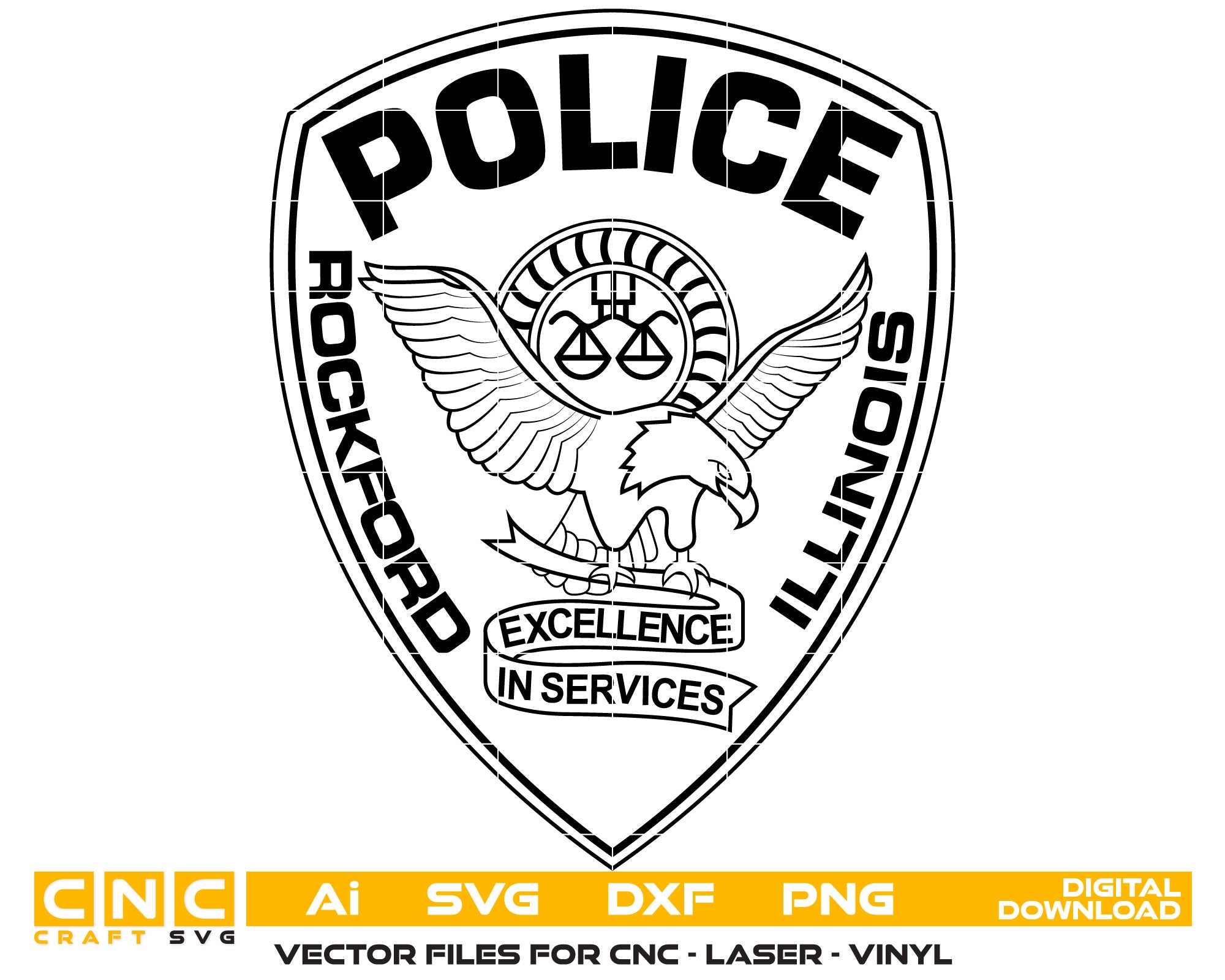 Rockford Illinois Police Badge Vector Line art Vector Art, Ai,SVG, DXF