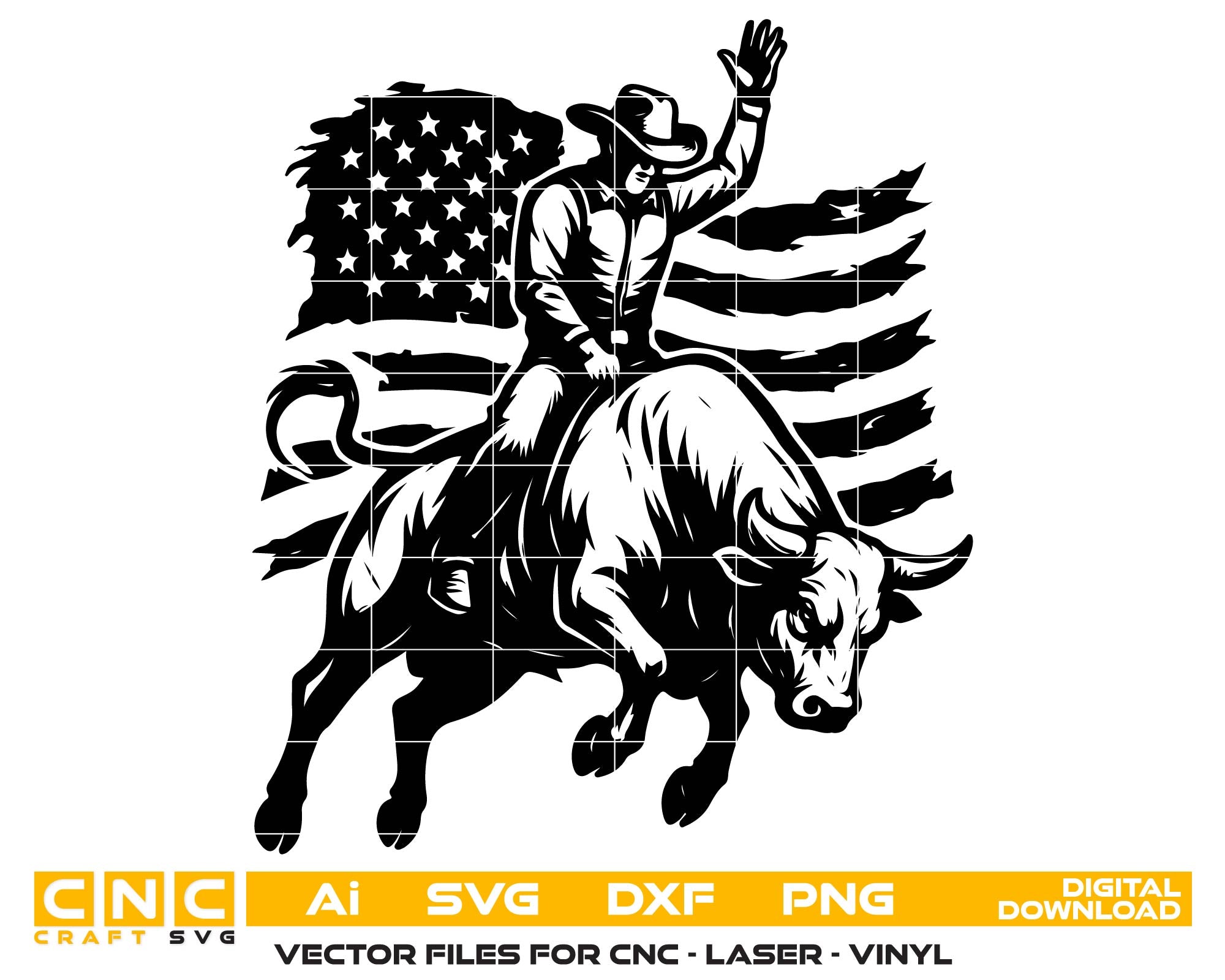 Black silhouette of a cowboy riding a bull with an American flag in the background, featuring CNC and digital download text.