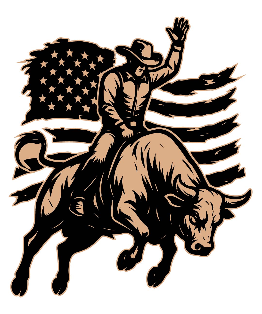 Cowboy riding a bucking bull with an American flag in the background