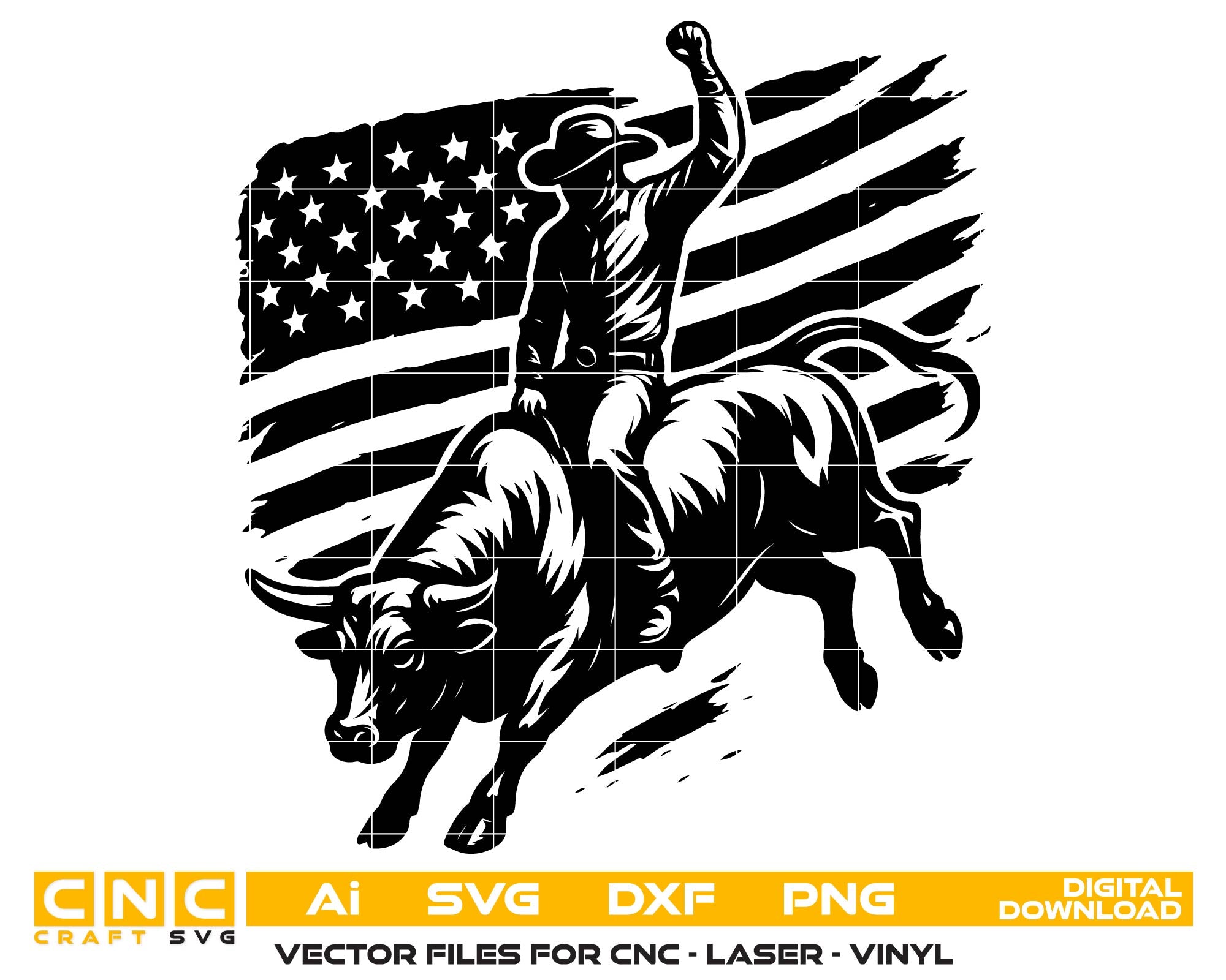 Black silhouette of a bull rider on a flag background with CNC and digital download text.