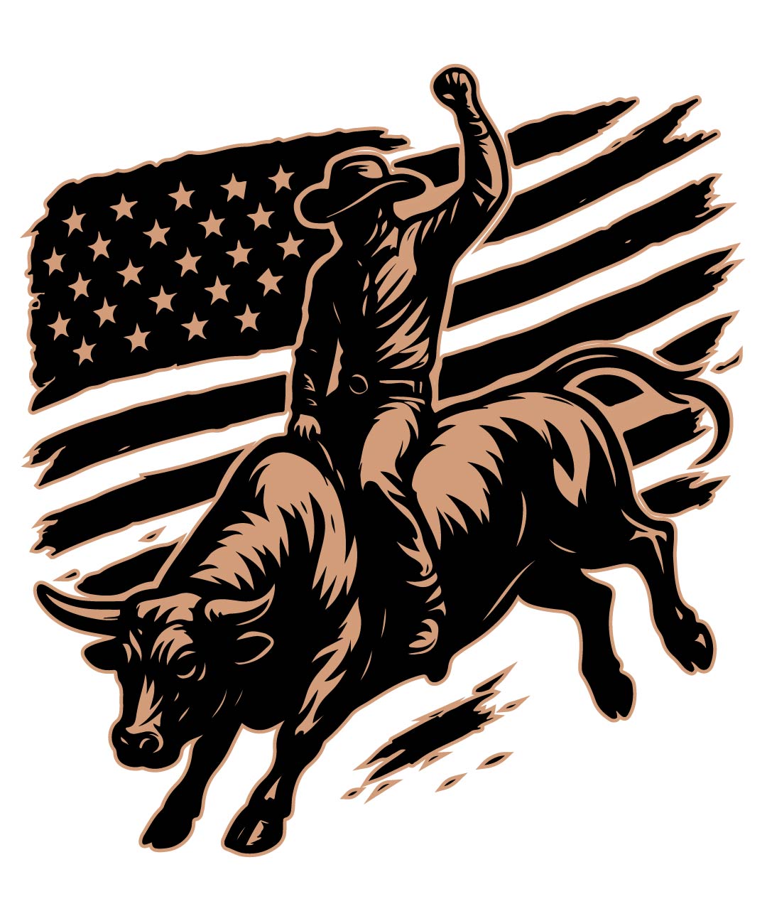Rodeo rider on a bucking bull with an American flag in the background