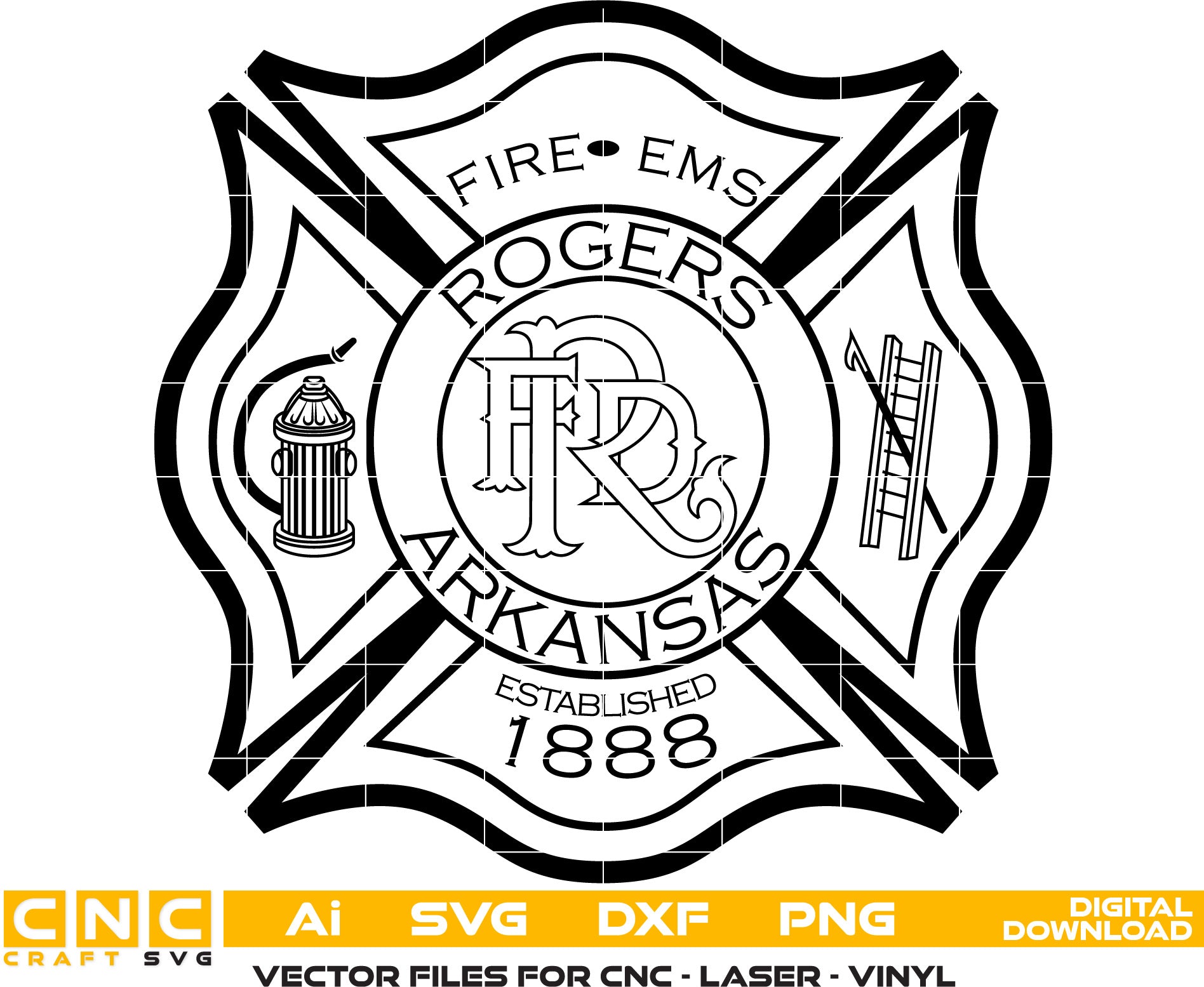 Rogers Fire Ems Badge, Arkansas Fire Ems Badge Vector Art AI, SVG, DXF, PNG File for Laser engraving, woodworking, acrylic painting, glass etching, and all printing machines