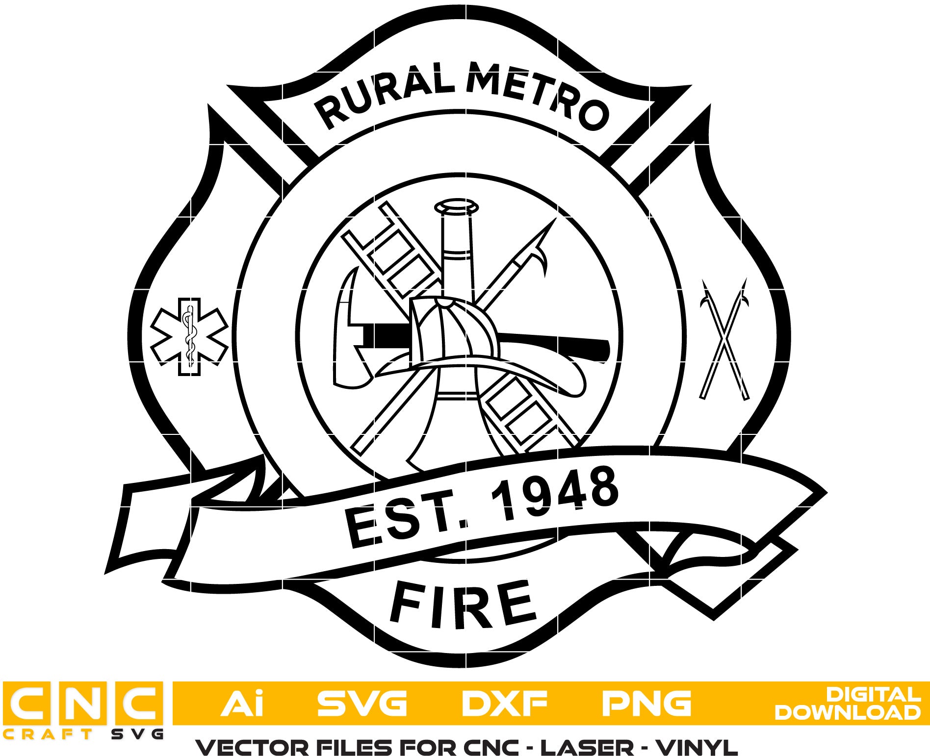 Rural Metro Fire Dept Badge AI, SVG, DXF, PNG File for Laser engraving, woodworking, acrylic painting, glass etching, and all printing machines.