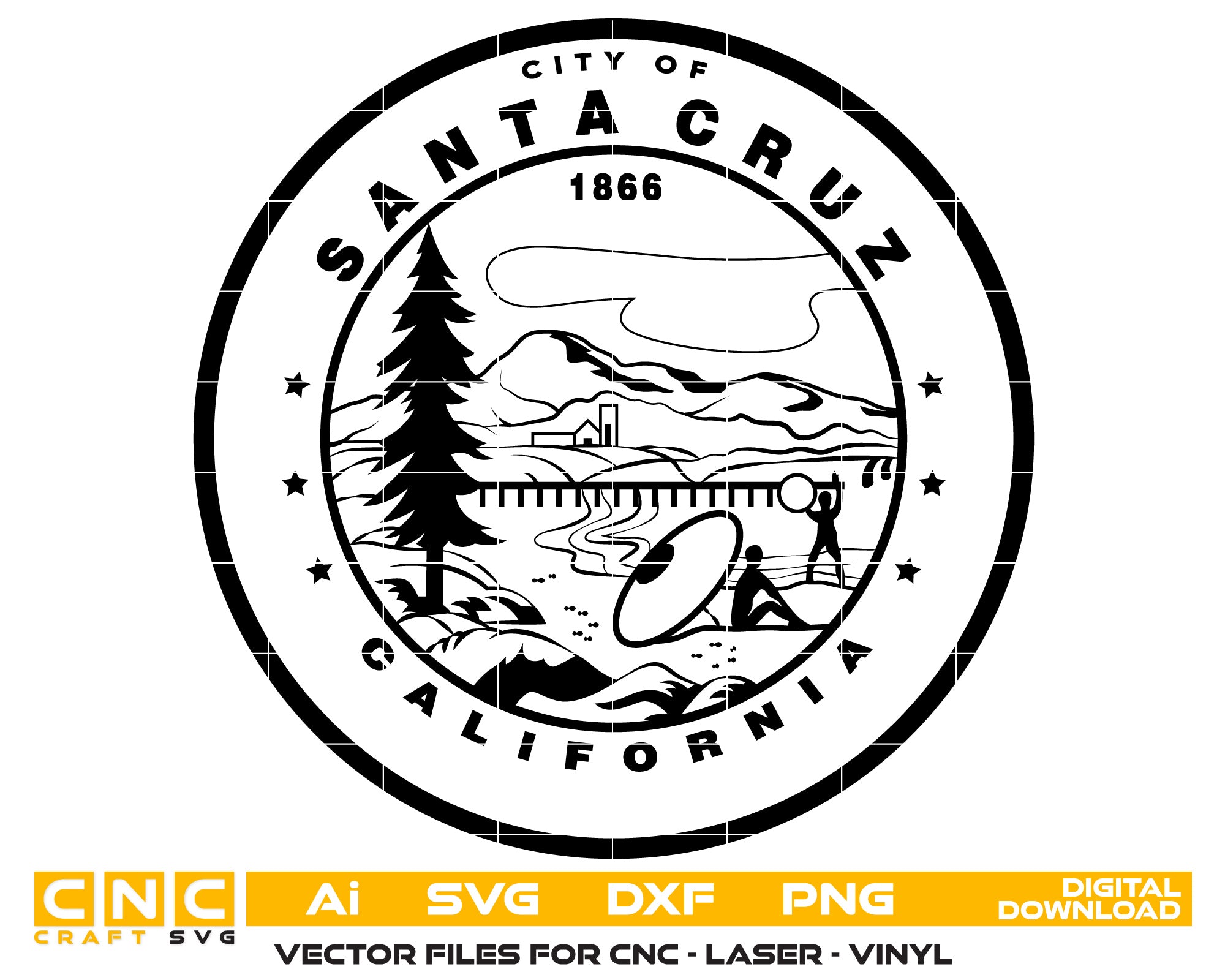 City Of Santa Cruz California Seal Vector art Svg, Dxf, Jpg, Png, and Ai files For laser engraving, woodworking, acrylic painting, and all printing machines.