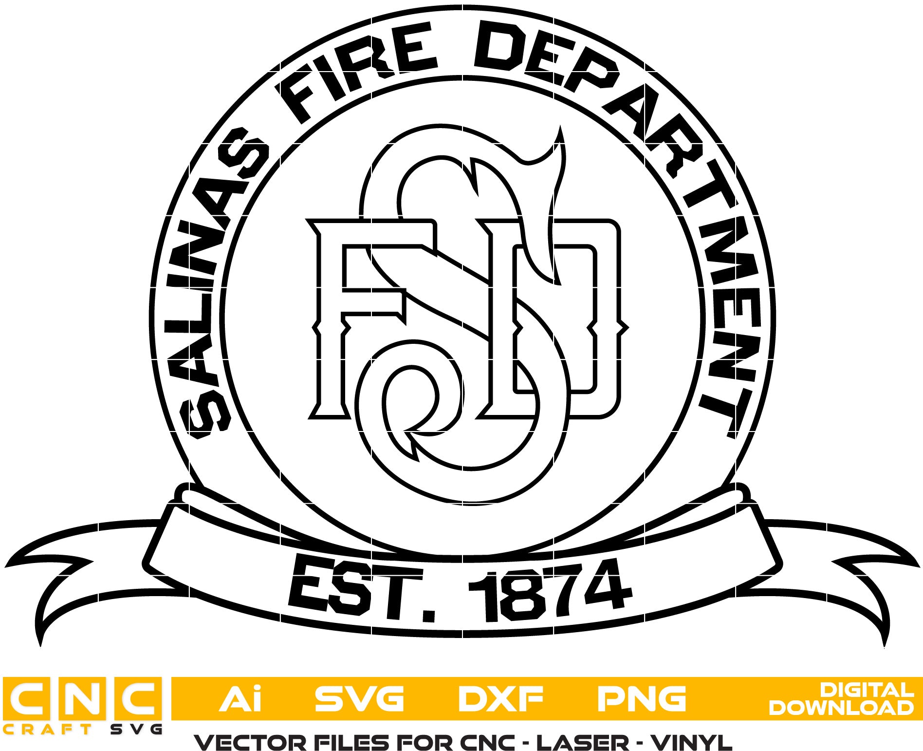 Salinas Fire Department Badge Vector art Svg, Dxf, Jpg, Png, and Ai files For laser engraving, woodworking, acrylic painting, and all printing machines.