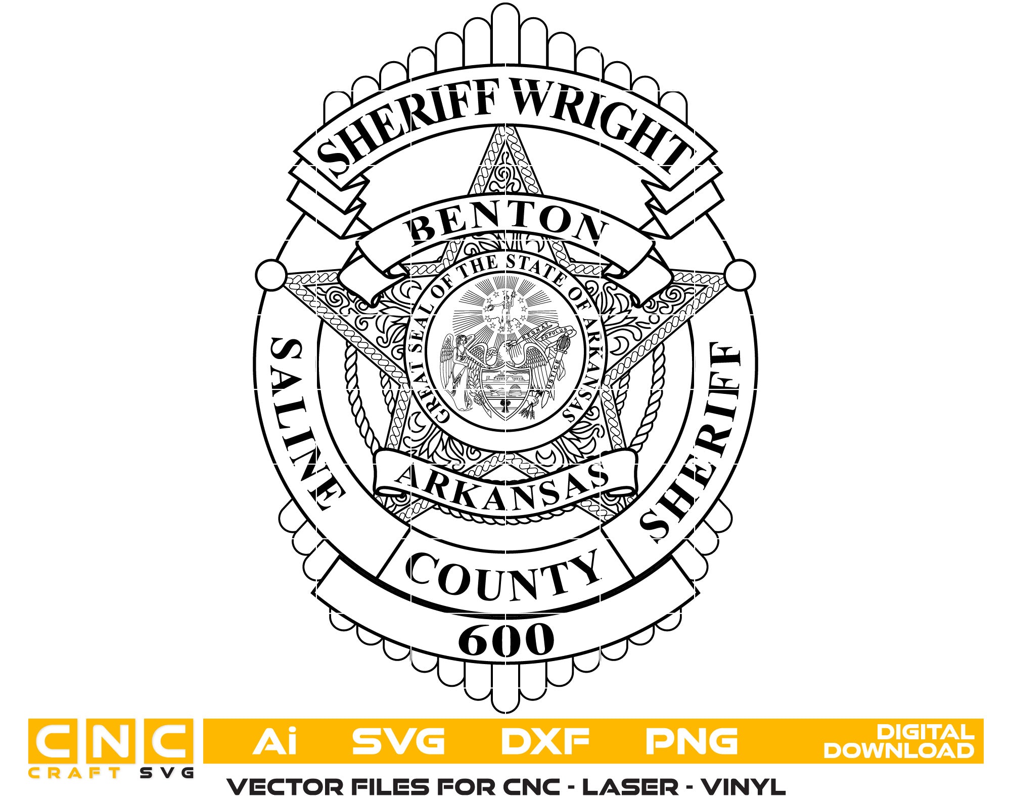 Saline County Benton Arkansas Sheriff Badge Vector Art, Ai,SVG, DXF, PNG, Digital Files