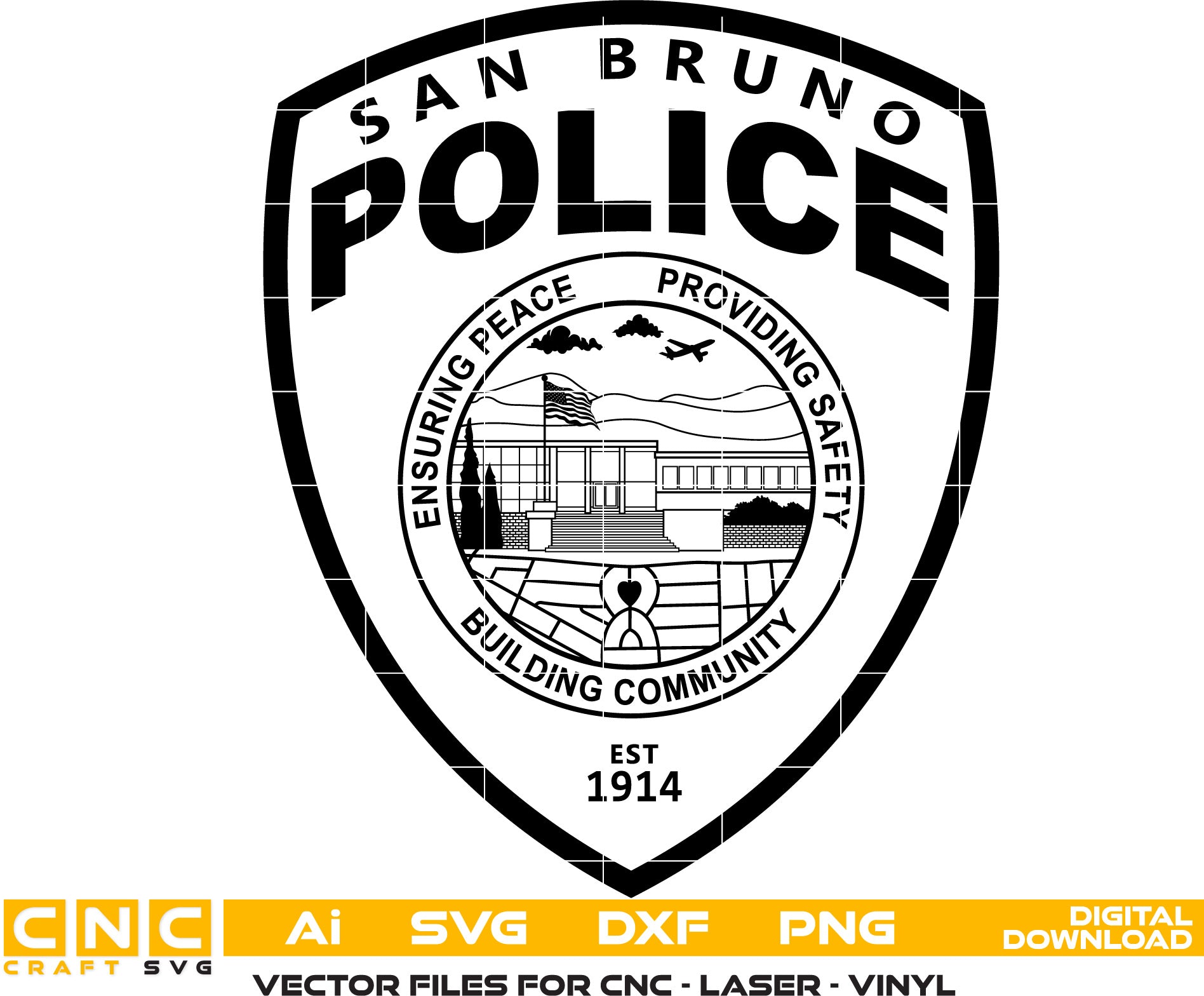 San Bruno Police Badge Vector art Svg, Dxf, Jpg, Png, and Ai files For laser engraving, woodworking, acrylic painting, and all printing machines.