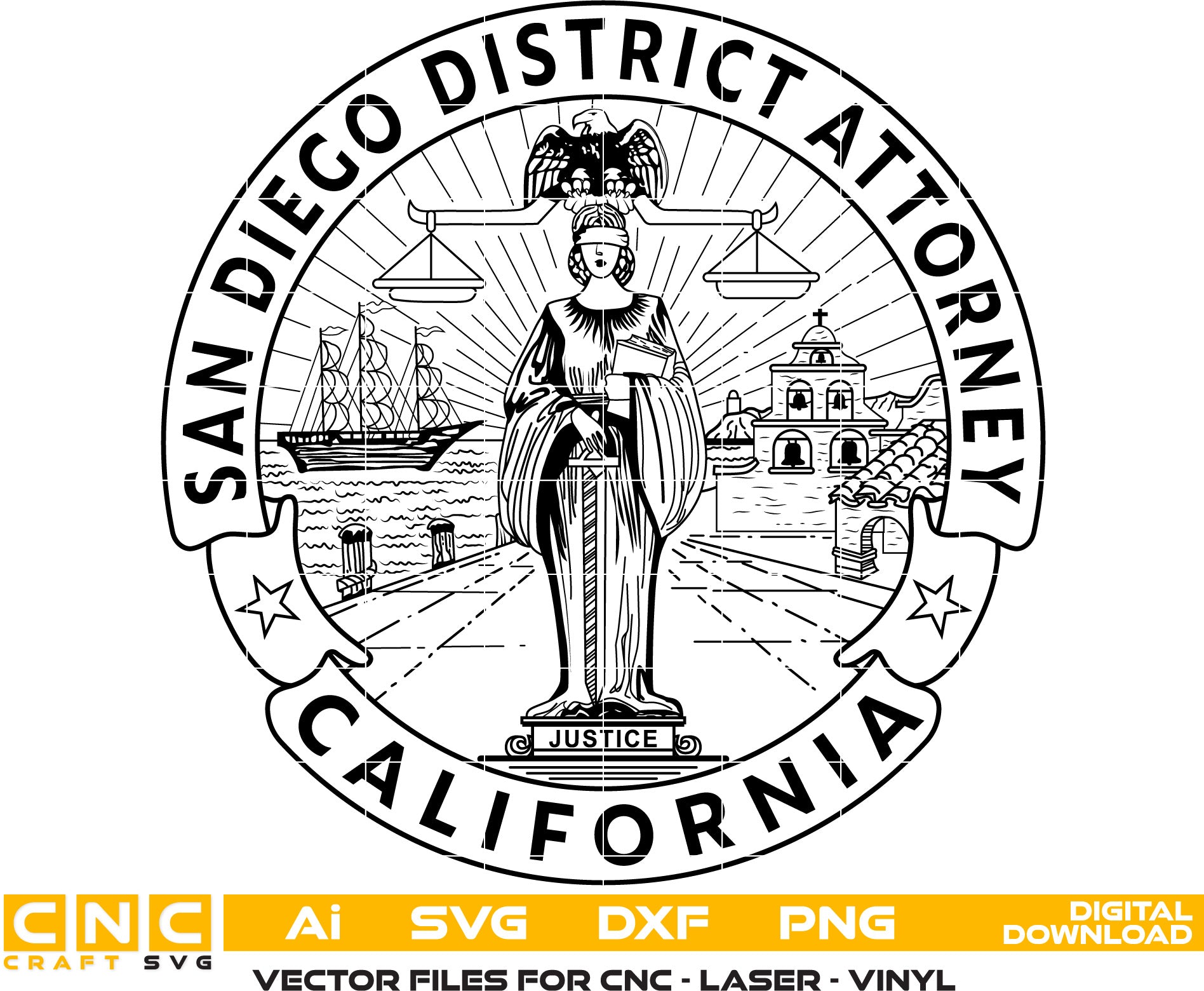 San Diego County District Attorney Seal Vector art Svg, Dxf, Jpg, Png and Ai files For laser engraving, woodworking, acrylic painting, and all printing machines.