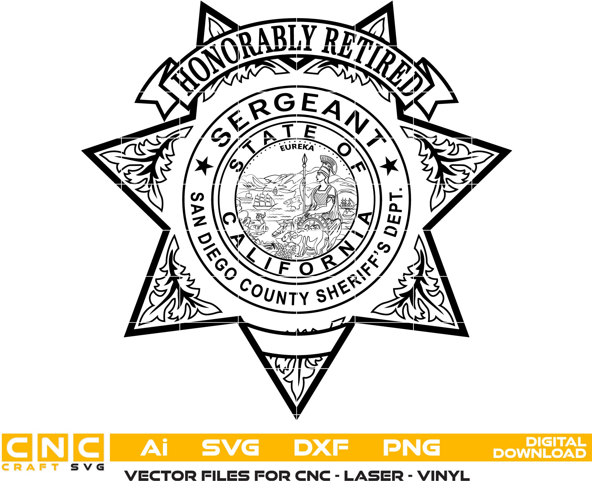 San Diego County Sheriff Honorably Retired Badge Vector Art, Ai,SVG, DXF, PNG, Digital Files