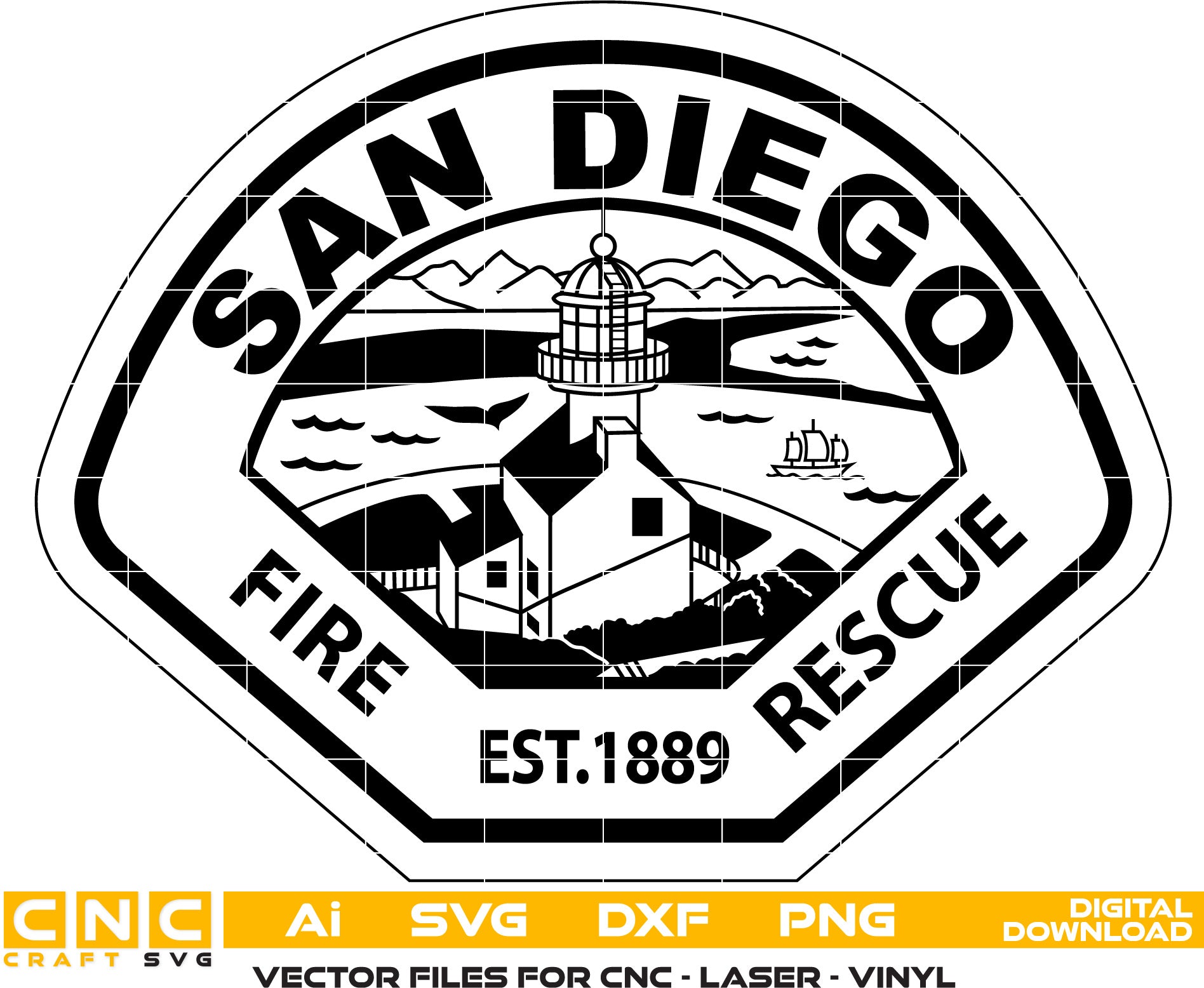 San Diego Fire Resque Badge Vector art Svg, Dxf, Jpg, Png and Ai files For laser engraving, woodworking, acrylic painting, and all printing machines.