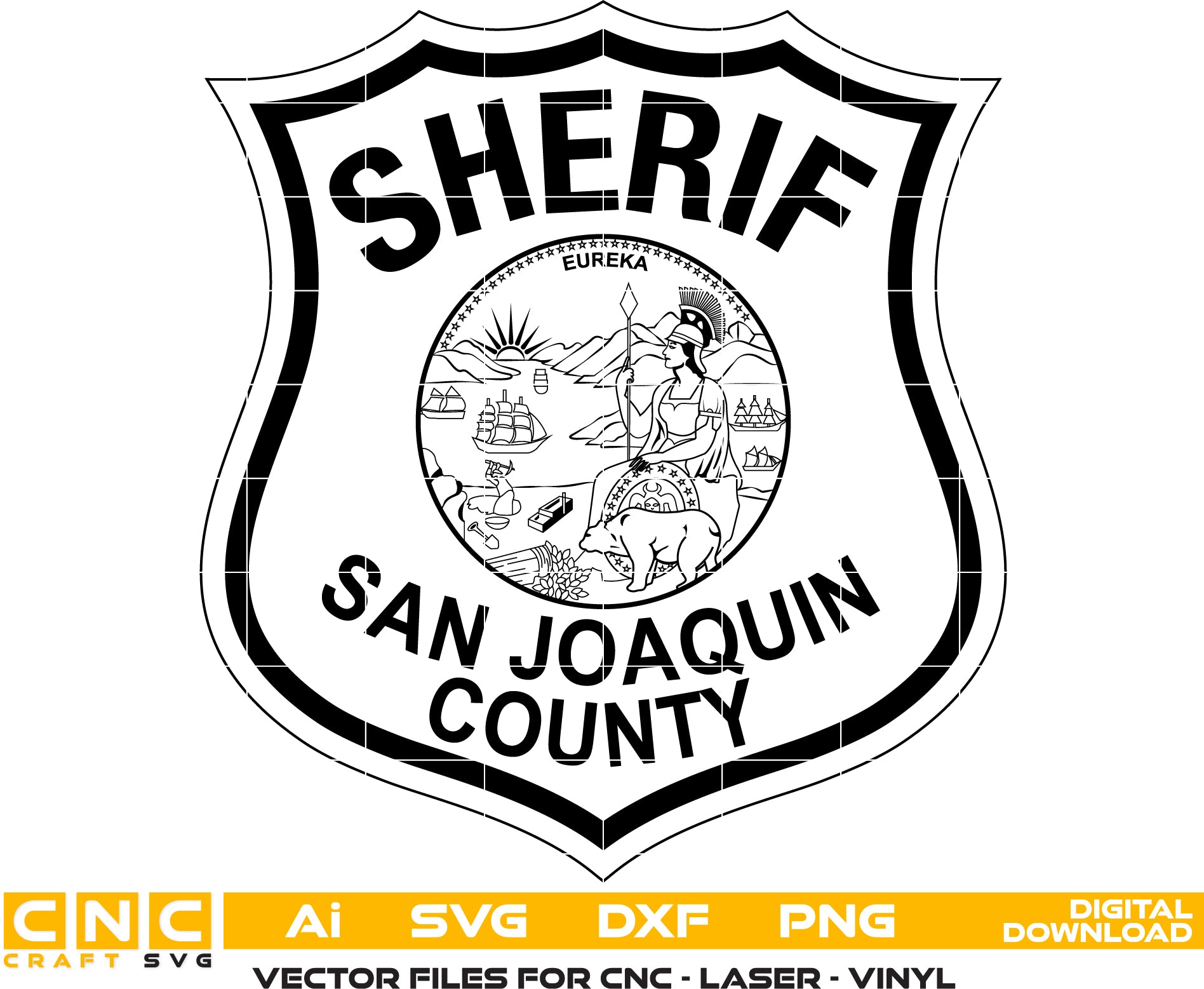 San Joaquin County Sheriff Badge Vector art Svg/ Dxf/ Jpg/ Png/ and Ai files For laser engraving/ woodworking/ acrylic painting and all printing machines.