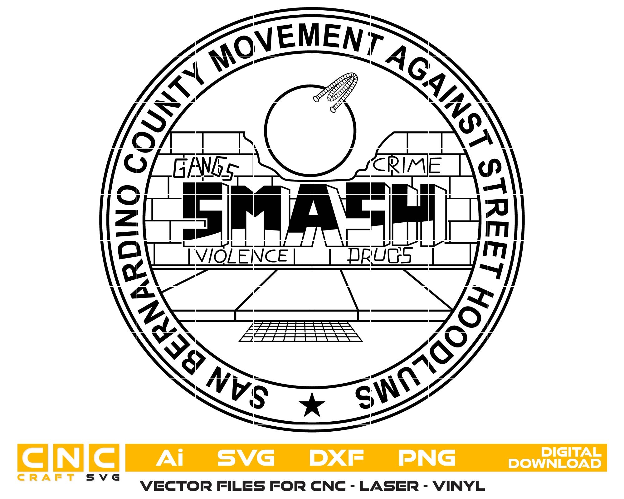 San Bernardino MASH Logo SVG digital download, Movement Against Street Hoodlums badge vector design for Cricut and Silhouette.