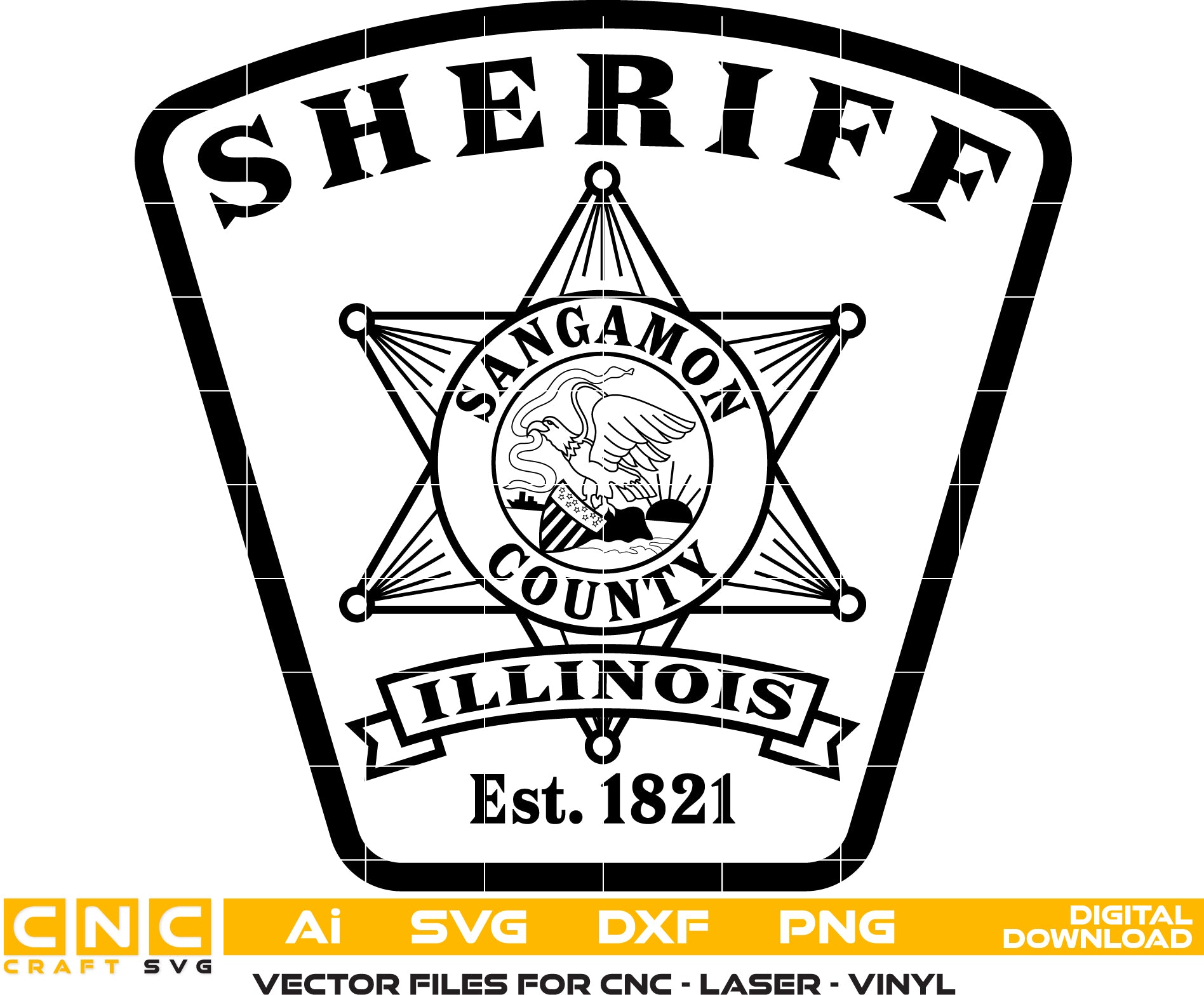 Sangamon County Sheriff Badge/ Illinois Sheriff Vector art Svg/ Dxf/ Jpg/ Png/ and Ai files For laser engraving/ woodworking/ acrylic painting and all printing machines.