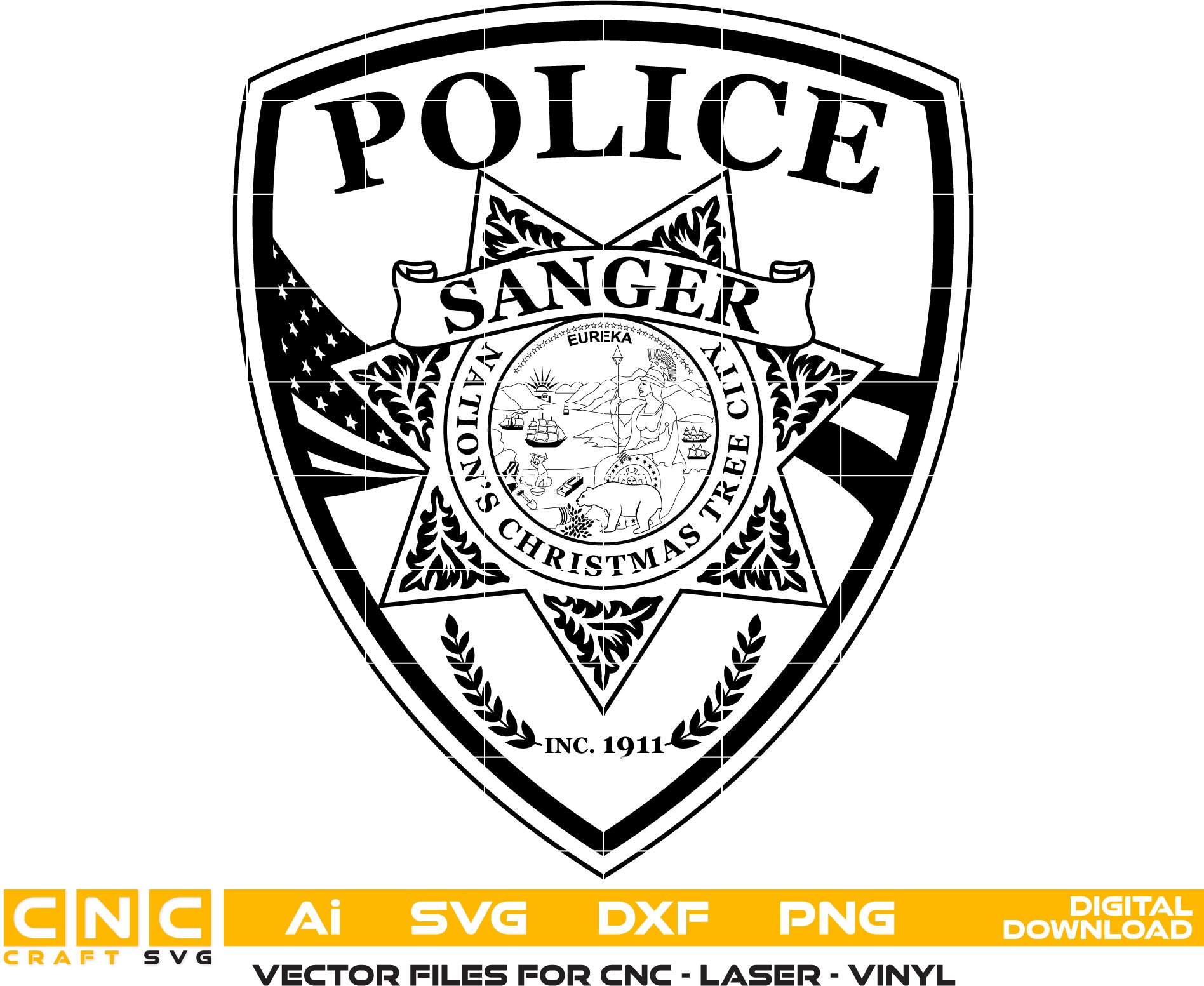 Sanger Police Badge, California Police Badge Vector art Svg, Dxf, Jpg, Png, and Ai files For laser engraving, woodworking, acrylic painting, and all printing machines.