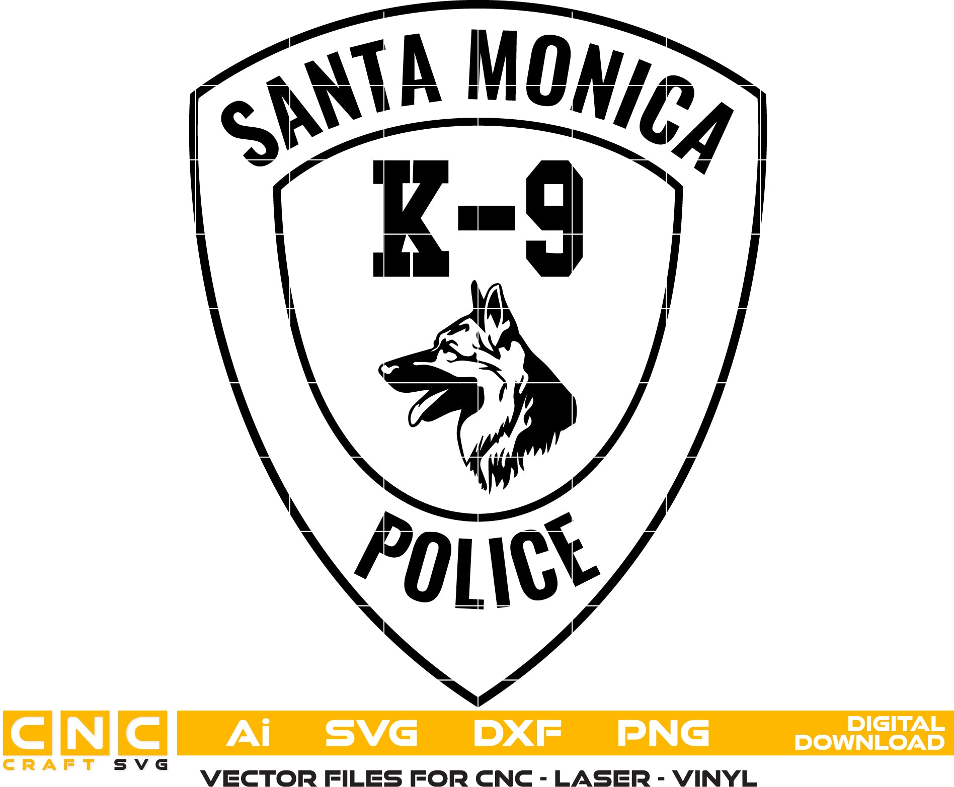 Santa Monica Police K 9 Badge Vector art Svg/ Dxf/ Jpg/ Png/ and Ai files For laser engraving/ woodworking/ acrylic painting and all printing machines.