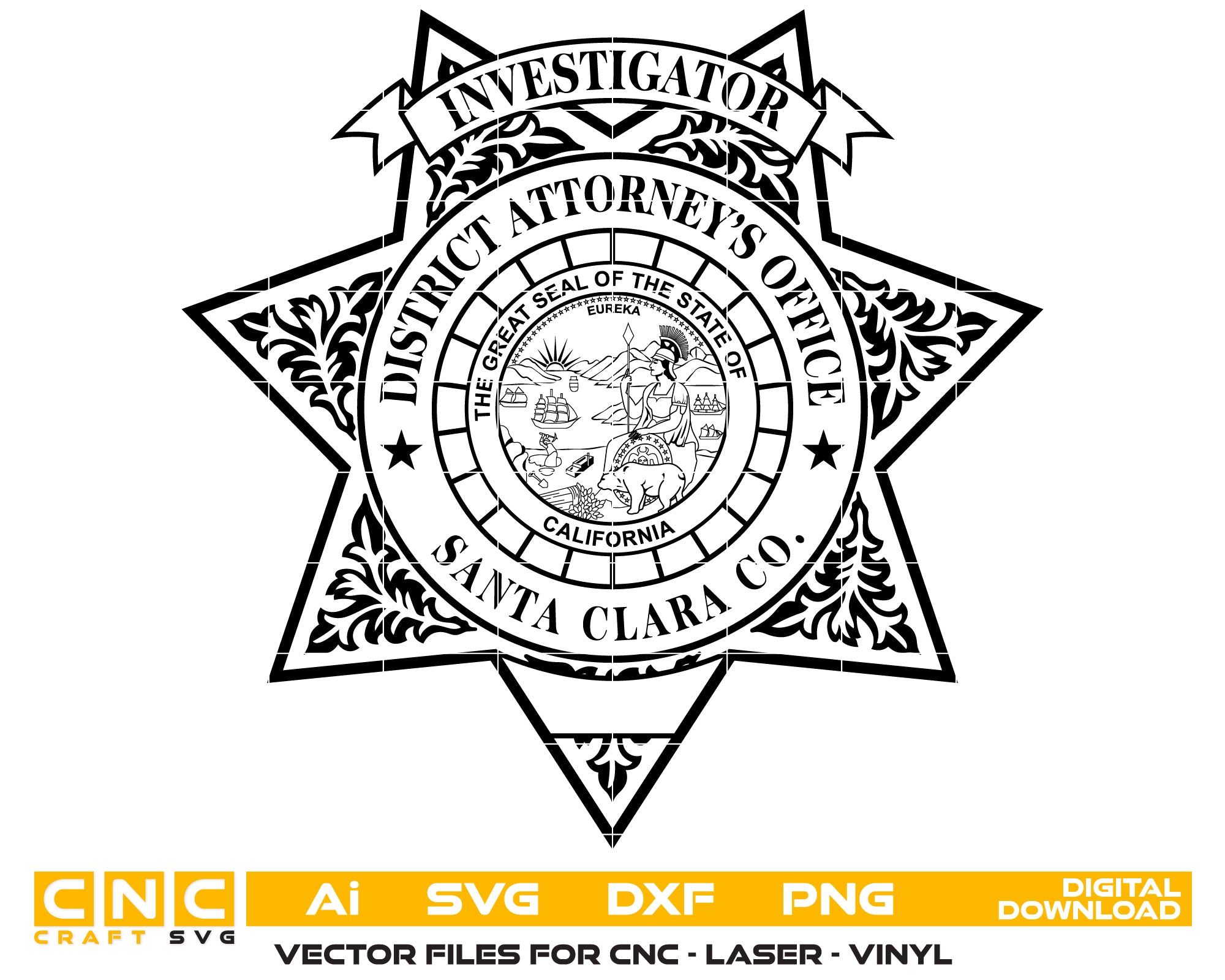 Santa Clara County District Attorney Investigator Badge SVG, Santa Clara DA Investigator Emblem, District Attorney Investigator Badge, Law Enforcement Badge Vector, Santa Clara Investigator Logo