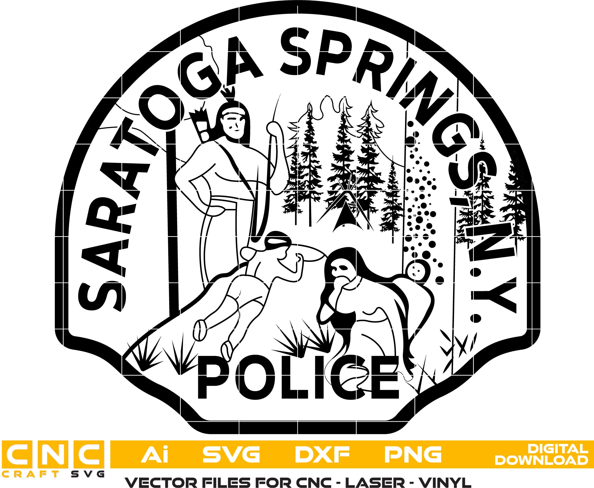 Saratoga Springs, N.Y. Police Badge Vector art Svg/ Dxf/ Jpg/ Png/ and Ai files For laser engraving/ woodworking/ acrylic painting and all printing machines.