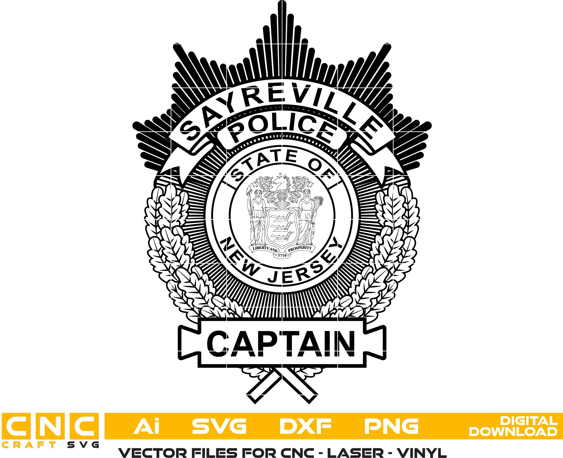 Sayreville New Jersey Police Captain Badge Vector Art, Ai,SVG, DXF, PNG, Digital Files