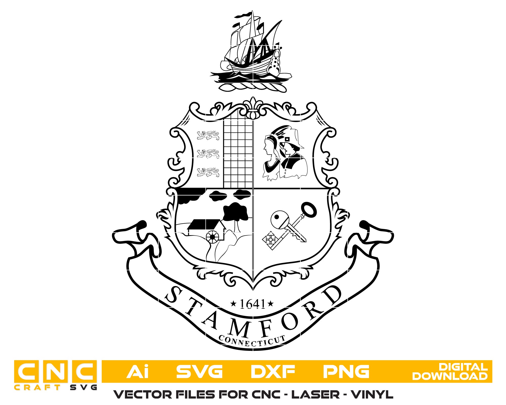 Seal of Stamford Connecticut SVG digital download, city emblem vector design for Cricut, Silhouette, CNC, engraving, and civic craft projects.