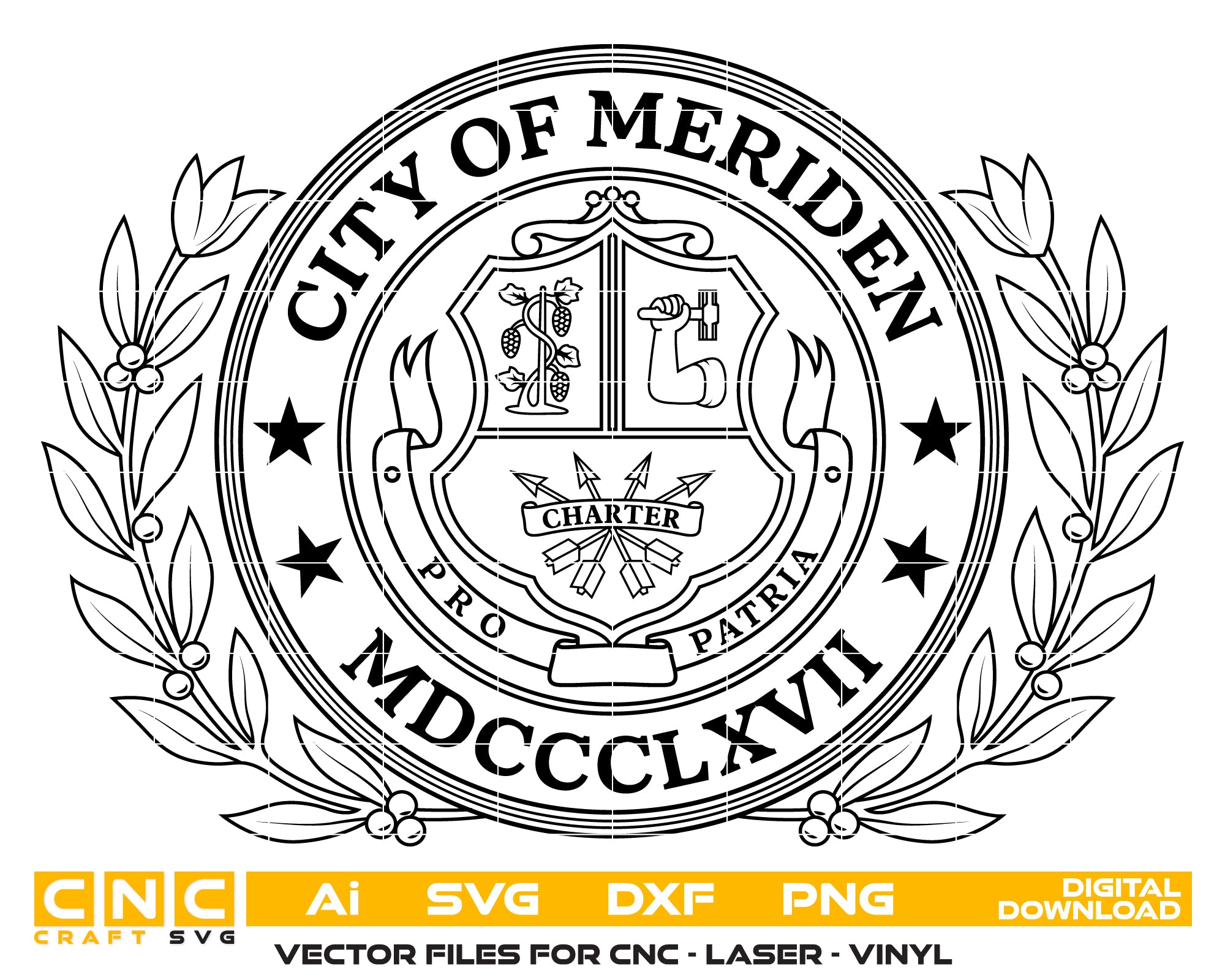 Seal of the City of Meriden SVG, Meriden City Government Emblem Vector, Meriden Municipal Seal, City Seal SVG, Connecticut Official Emblem Vector File