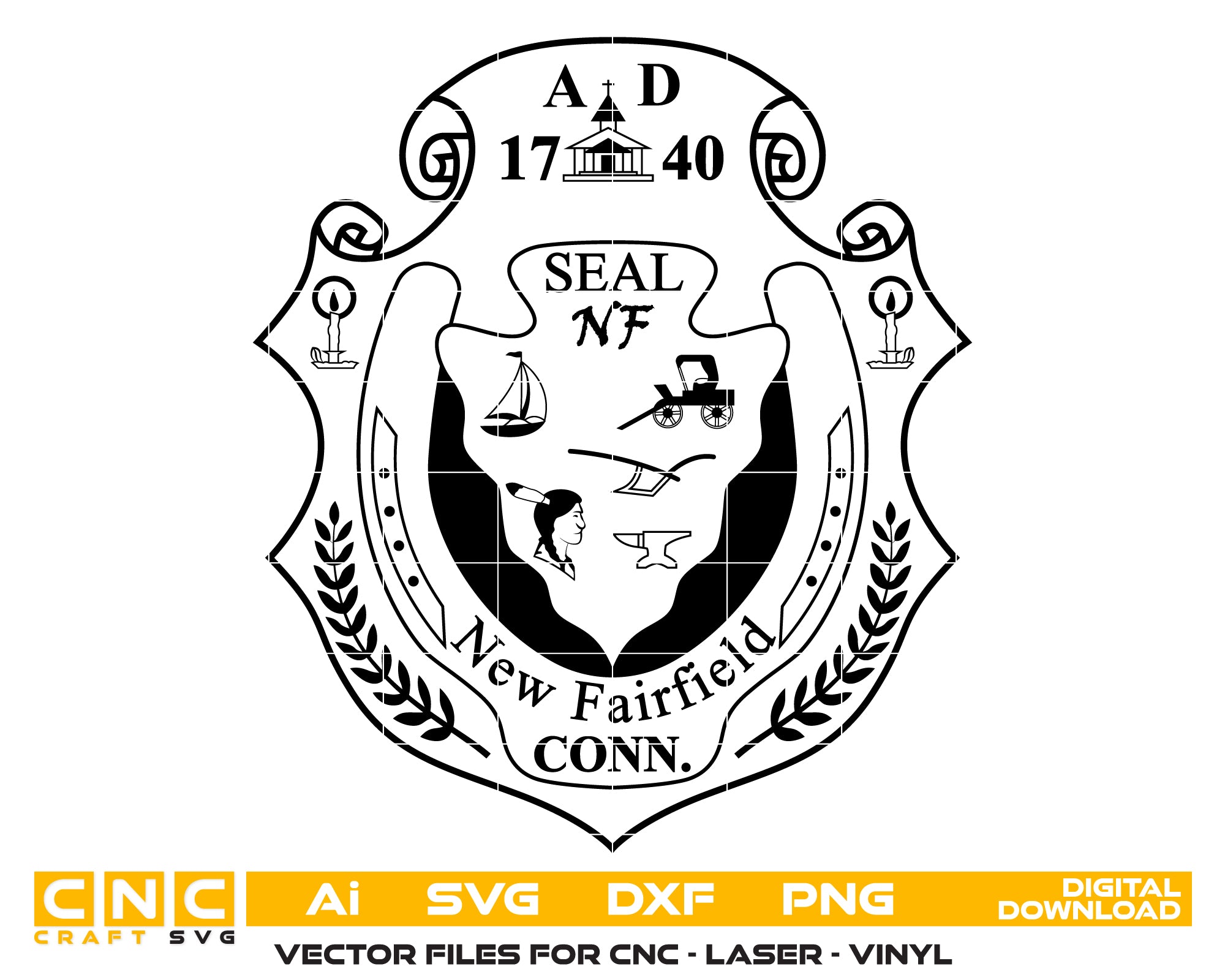Seal of the Town of New Fairfield Connecticut SVG, New Fairfield Town Emblem Vector, New Fairfield Municipal Seal, Town Seal SVG, Connecticut Official Emblem Vector File
