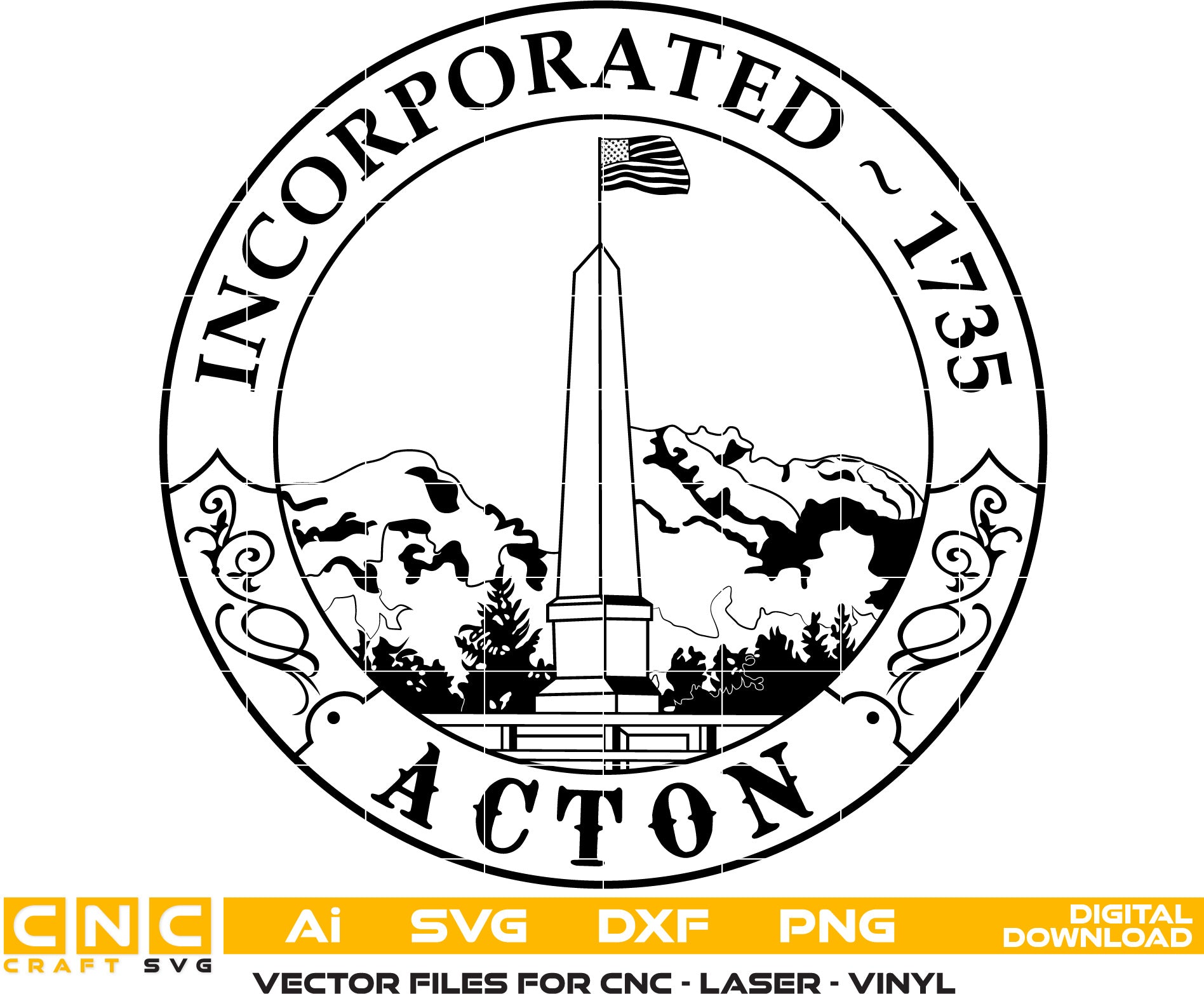 Seal of Acton, Massachusetts Seal Vector art Svg, Dxf, Jpg, Png and Ai files For laser engraving, woodworking, acrylic painting, and all printing machines.