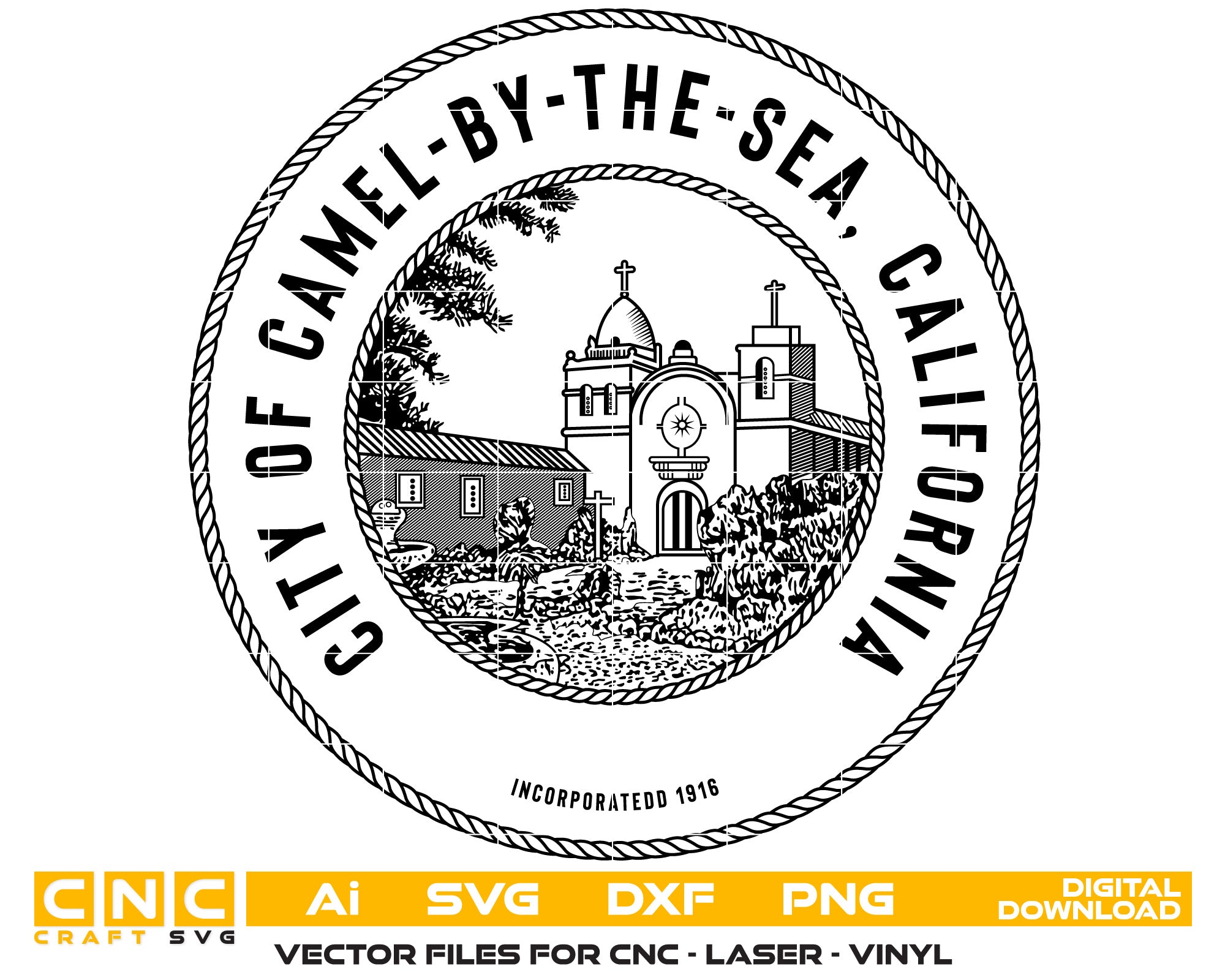 Seal of Carmel By Sea, California Vector art Svg, Dxf, Jpg, Png, and Ai files For laser engraving, woodworking, acrylic painting, and all printing machines.