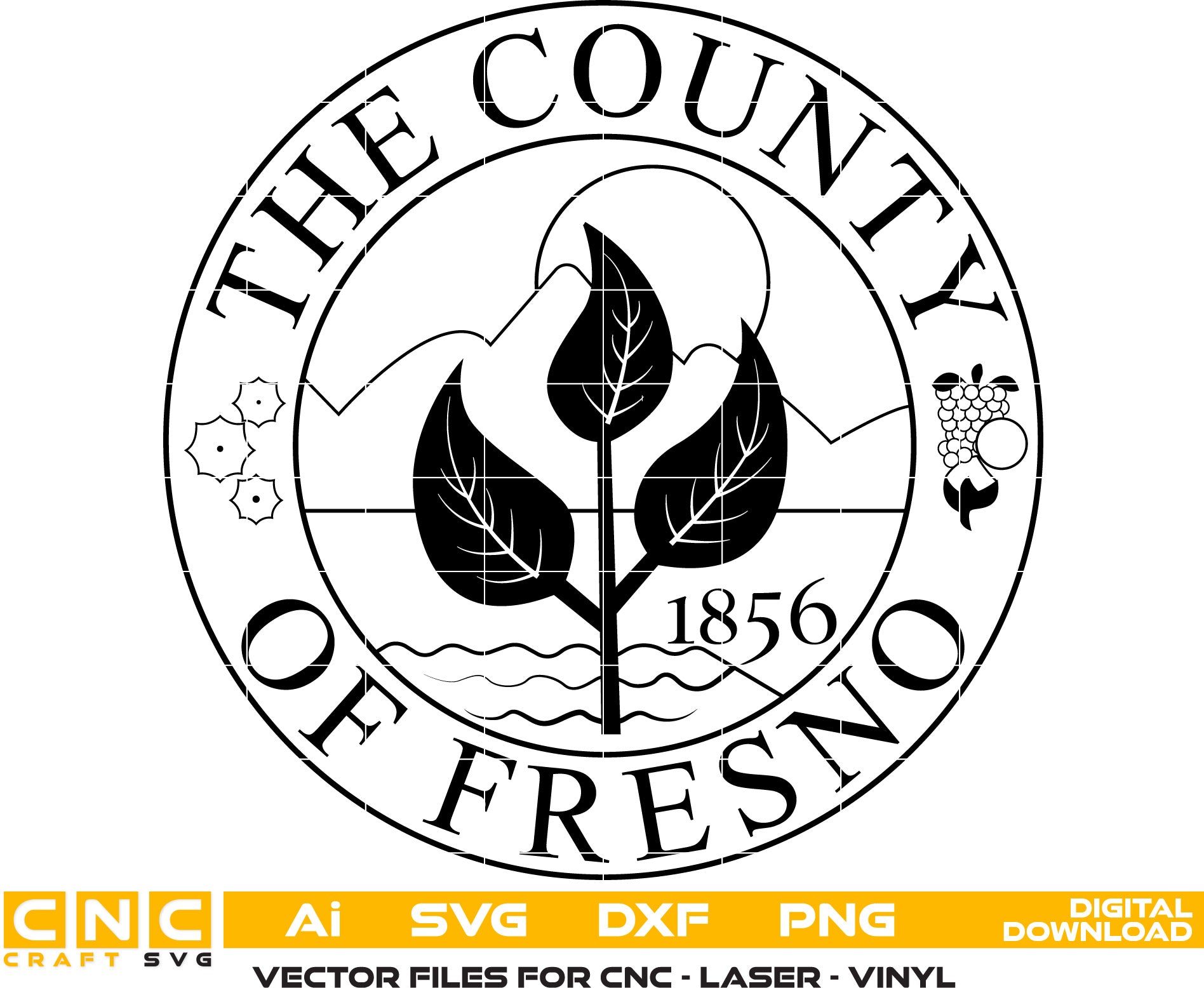 Seal of Fresno County, California Seal Vector art Svg, Dxf, Jpg, Png, and Ai files For laser engraving, woodworking, acrylic painting, and all printing machines.