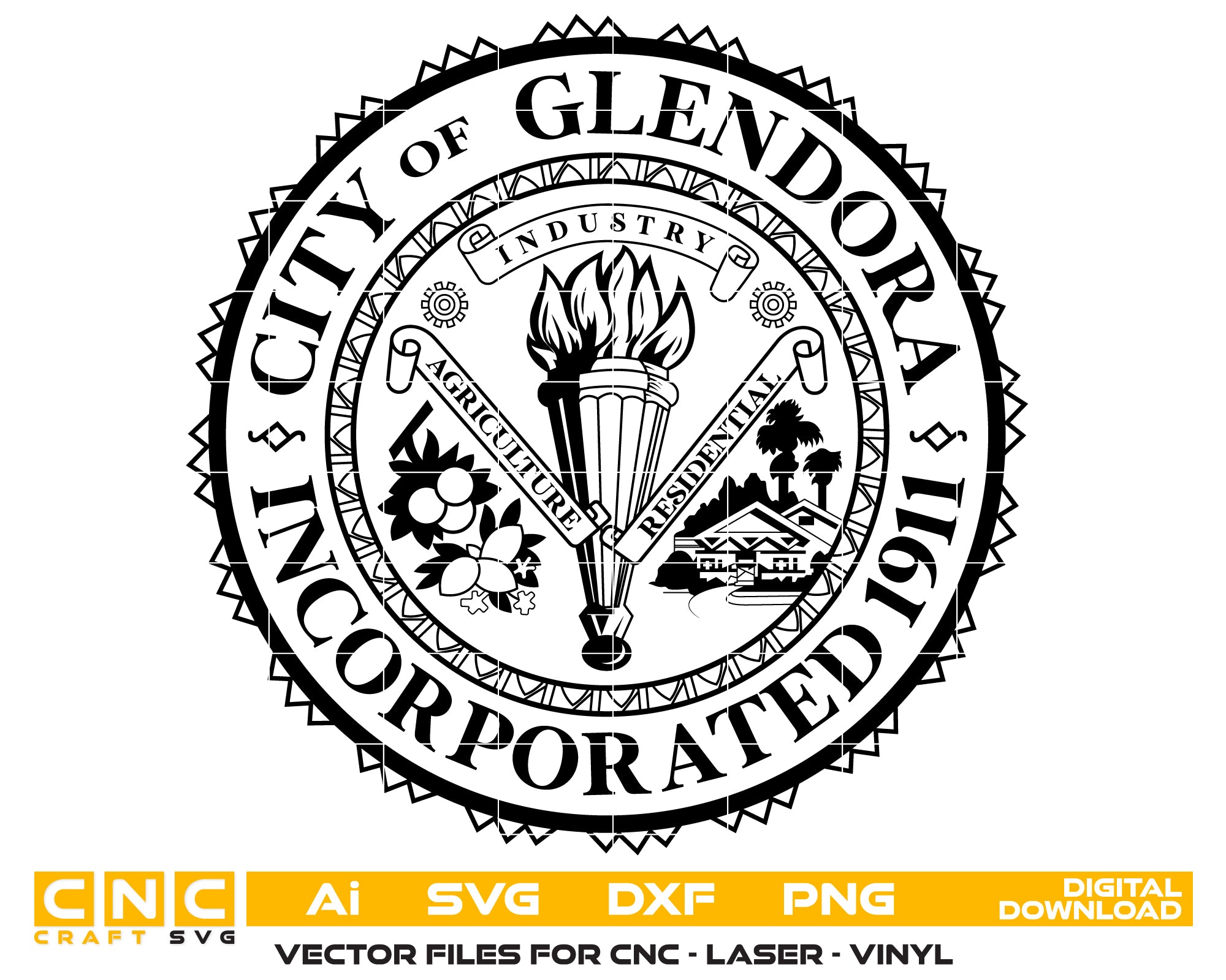 Seal of Glendora City, California Vector art Svg, Dxf, Jpg, Png, and Ai files For laser engraving, woodworking, acrylic painting, and all printing machines.