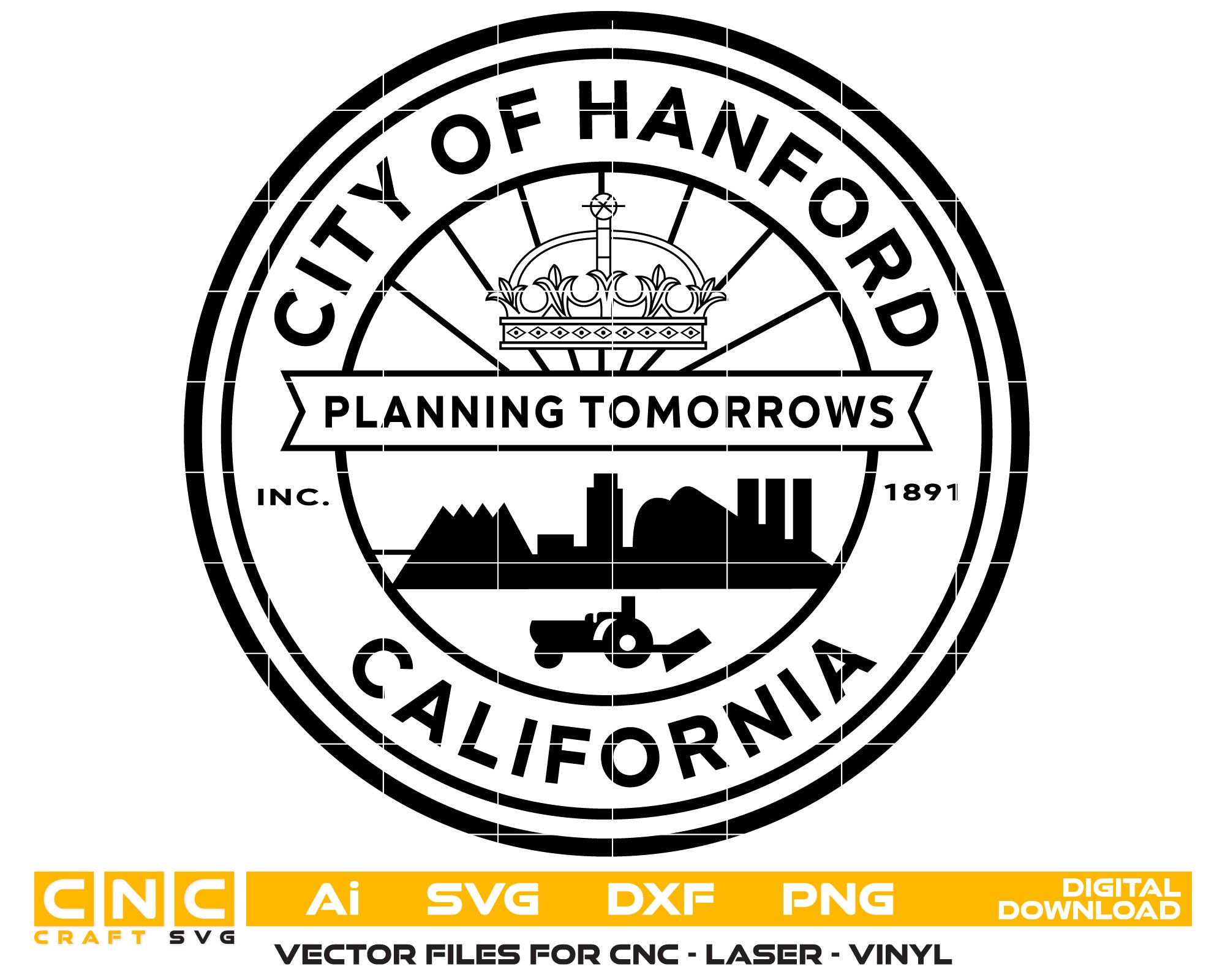 Seal of Hanford, California Vector art Svg, Dxf, Jpg, Png, and Ai files For laser engraving, woodworking, acrylic painting, and all printing machines.