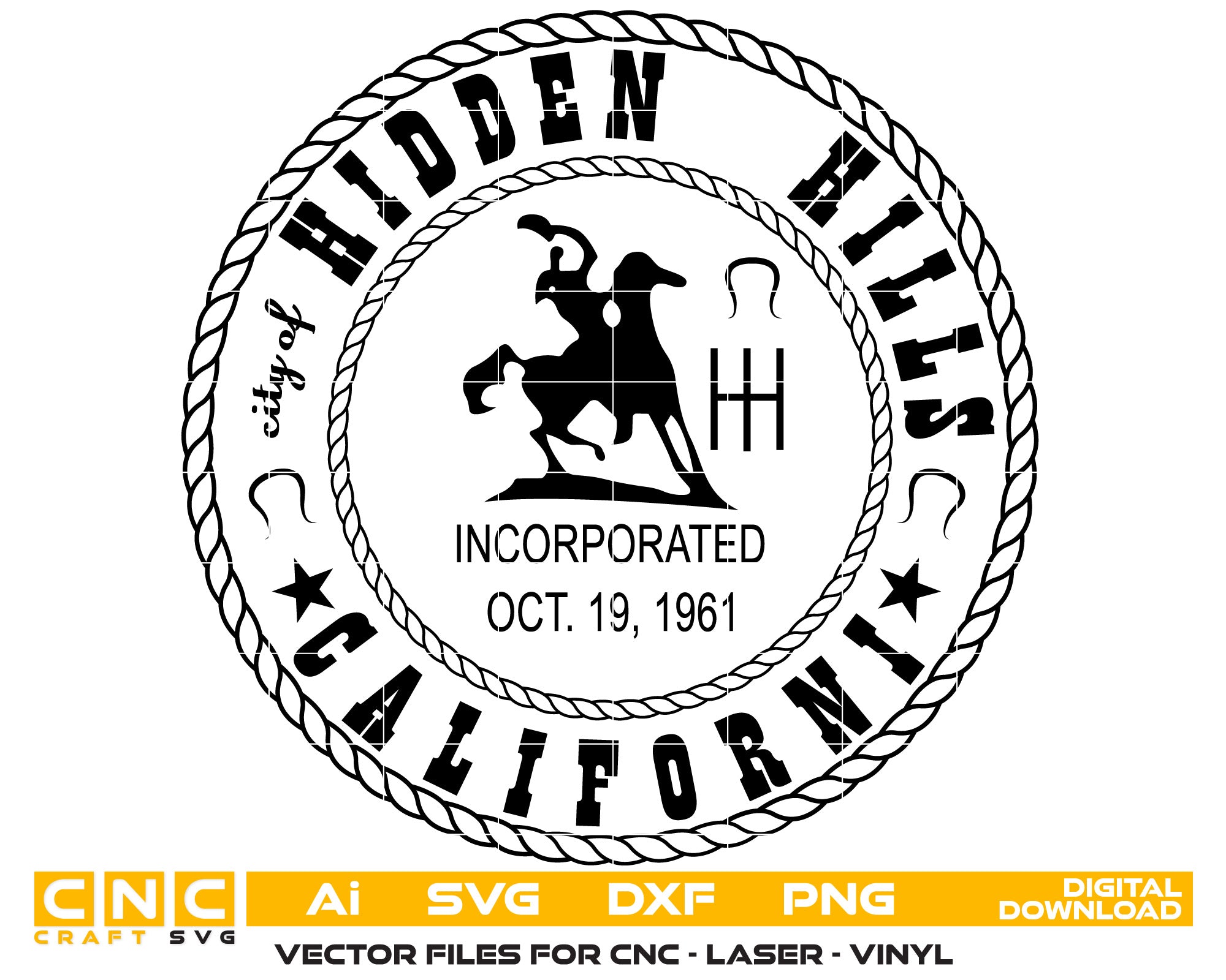 Seal of Hidden Hills, California Vector art Svg, Dxf, Jpg, Png, and Ai files For laser engraving, woodworking, acrylic painting, and all printing machines.