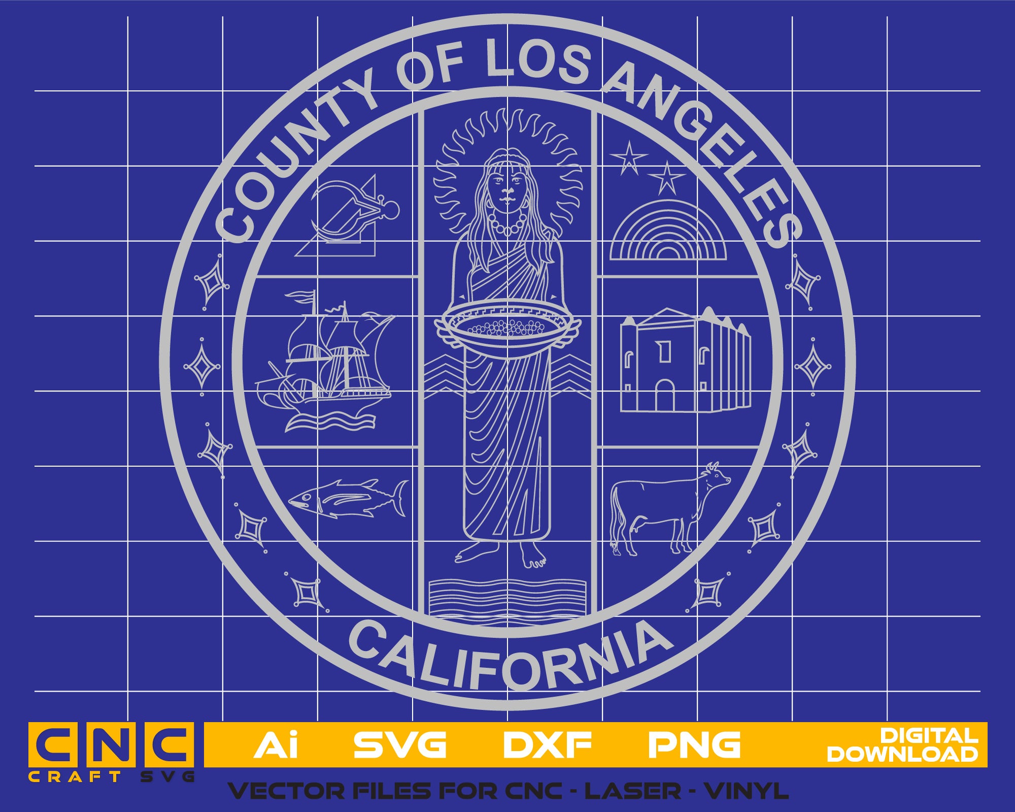 Seal of Los Angeles County, California Vector art Svg, Dxf, Jpg, Png & Ai files For laser engraving, woodworking, acrylic painting, and all printing machines