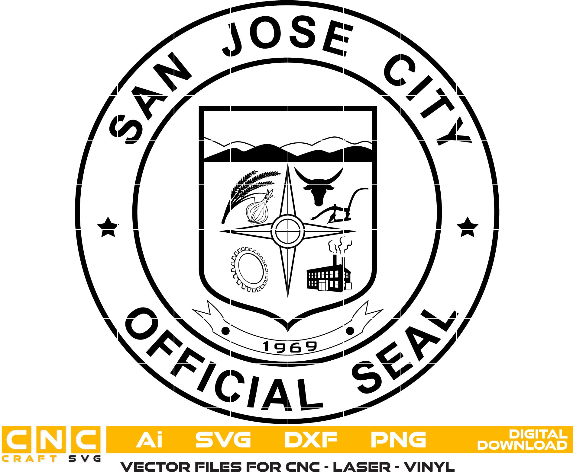 Seal of San Jose City Vector art Svg, Dxf, Jpg, Png, and Ai files For laser engraving, woodworking, acrylic painting, and all printing machines.