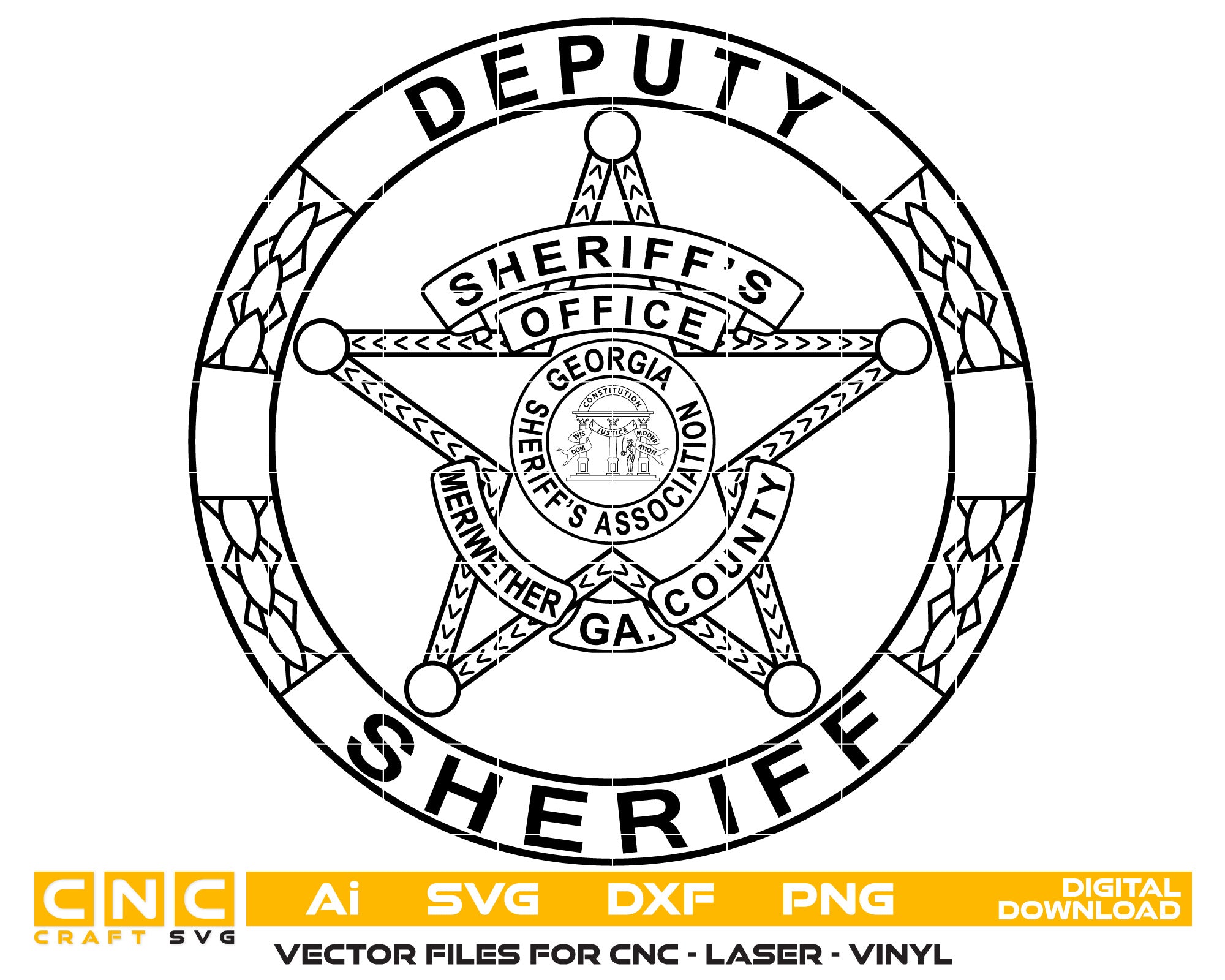 Sheriff Badge Meriwether County Georgia Badge Vector art Svg, Dxf, Jpg, Png, and Ai files For laser engraving, woodworking, acrylic painting, and all printing machines.