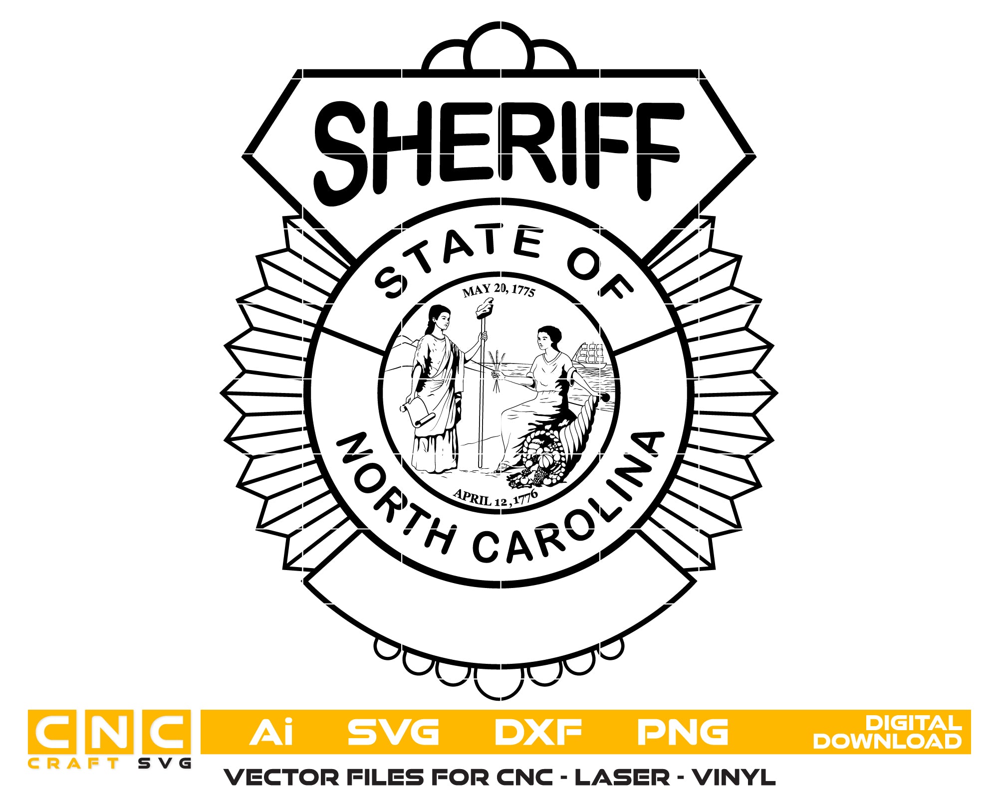 Sheriff Sunburst Badge SVG, North Carolina Sheriff Emblem, NC Law Enforcement Badge Vector, Sheriff Sunburst Logo, North Carolina Deputy Badge Design