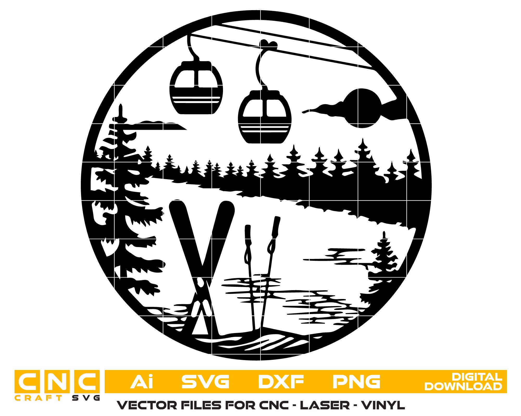 Ski Lift and Skiing in Mountain Forest – Vector File