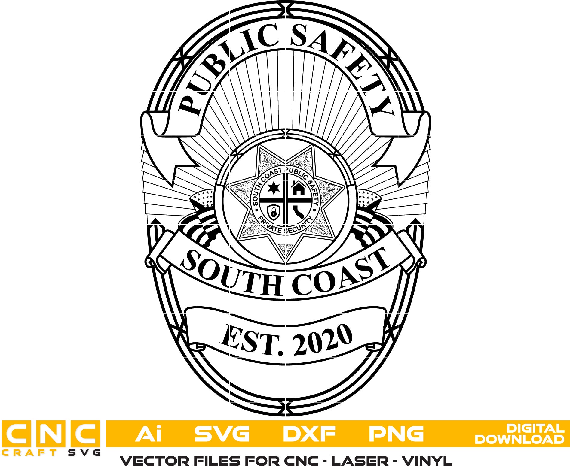 South Coast Public Safety Badge Vector art Svg, Dxf, Jpg, Png, and Ai files For laser engraving, woodworking, acrylic painting, and all printing machines.