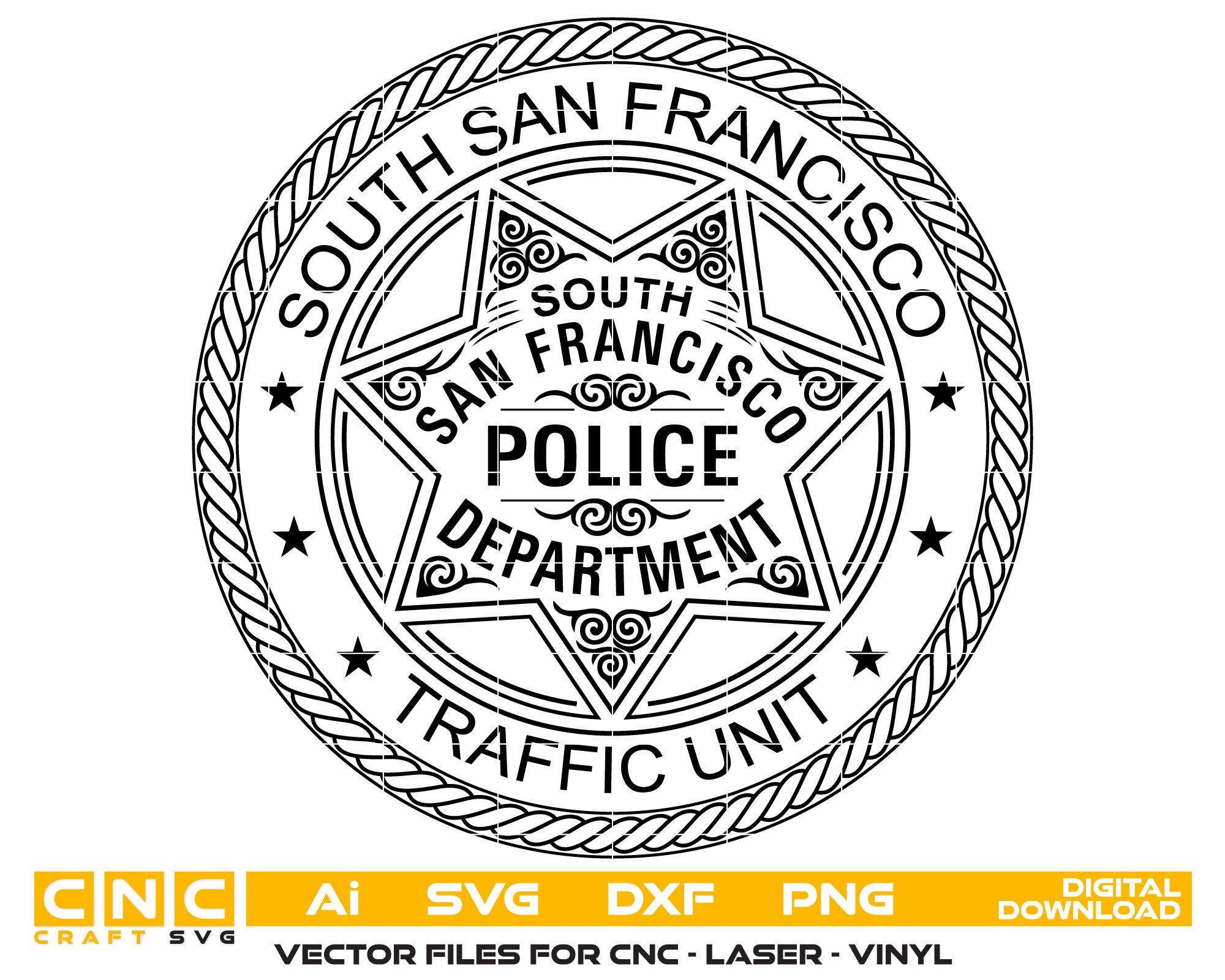 South San Francisco Traffic Police Badge Vector art Svg, Dxf, Jpg, Png, and Ai files For laser engraving, woodworking, acrylic painting, and all printing machines.