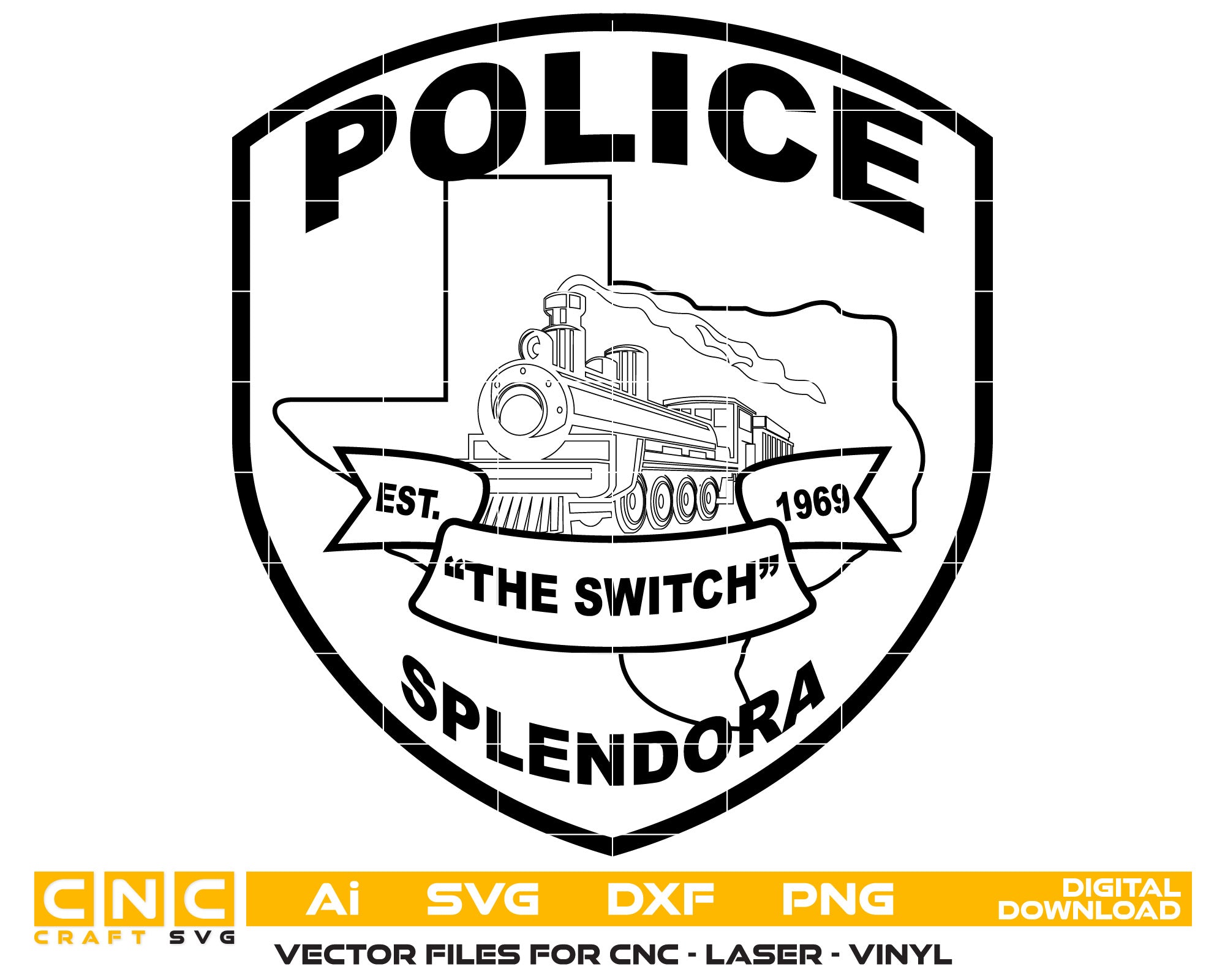 Splendora Police Badge Vector art Svg, Dxf, Jpg, Png, and Ai files For laser engraving, woodworking, acrylic painting, and all printing machines.