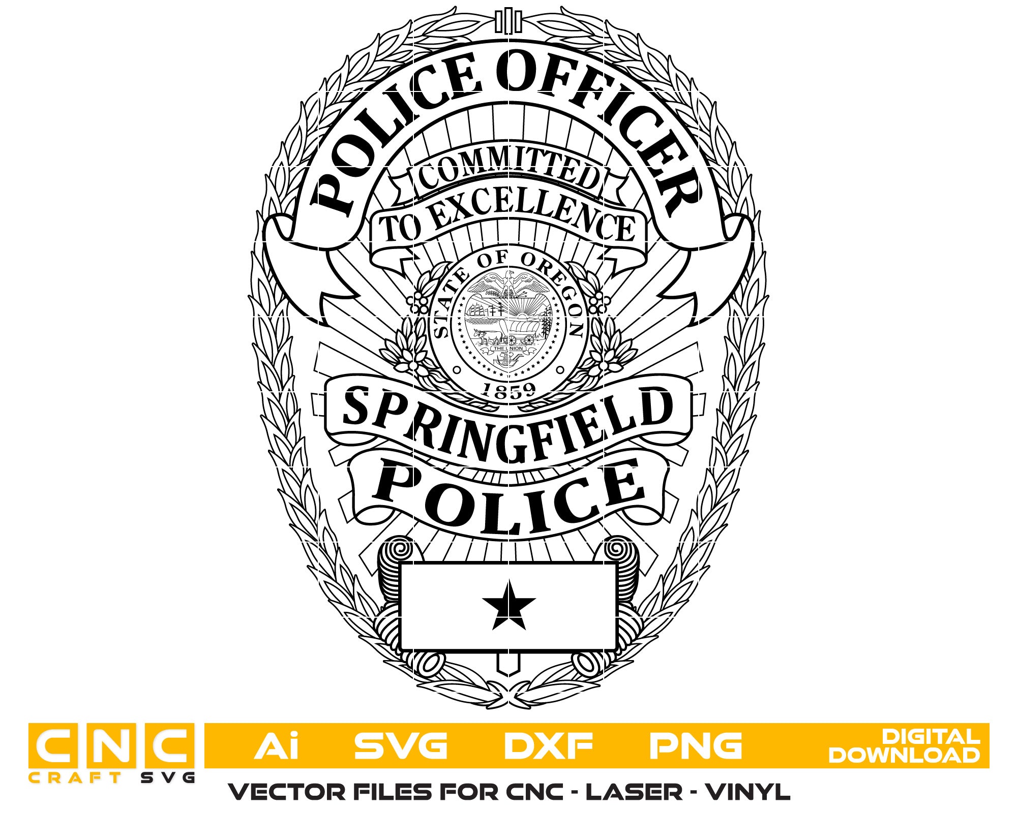 Springfield Police Officer Badge Vector art Svg, Dxf, Jpg, Png, and Ai files For laser engraving, woodworking, acrylic painting, and all printing machines.