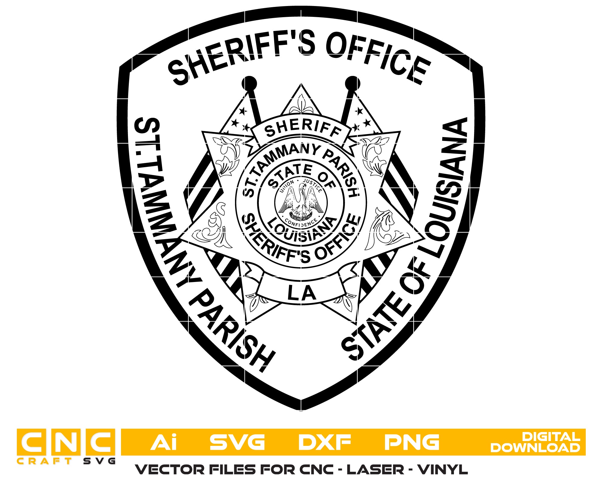 St. Tammany Parish Sheriff’s Office Patch SVG digital download, Louisiana sheriff emblem vector design for Cricut, Silhouette, CNC, engraving, and tribute projects.