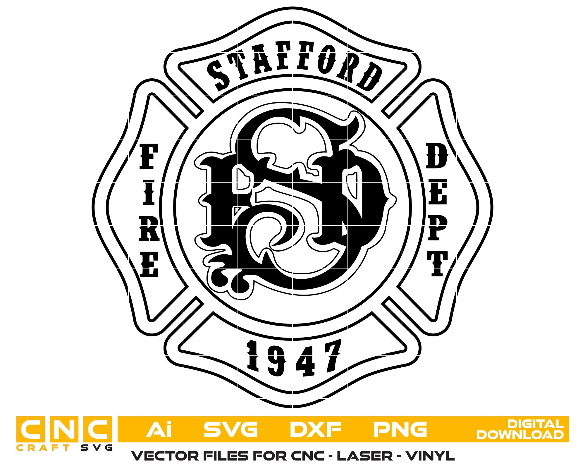 Staffod Fire Dept Badge Vector art Svg, Dxf, Jpg, Png, and Ai files For laser engraving, woodworking, acrylic painting, and all printing machines.