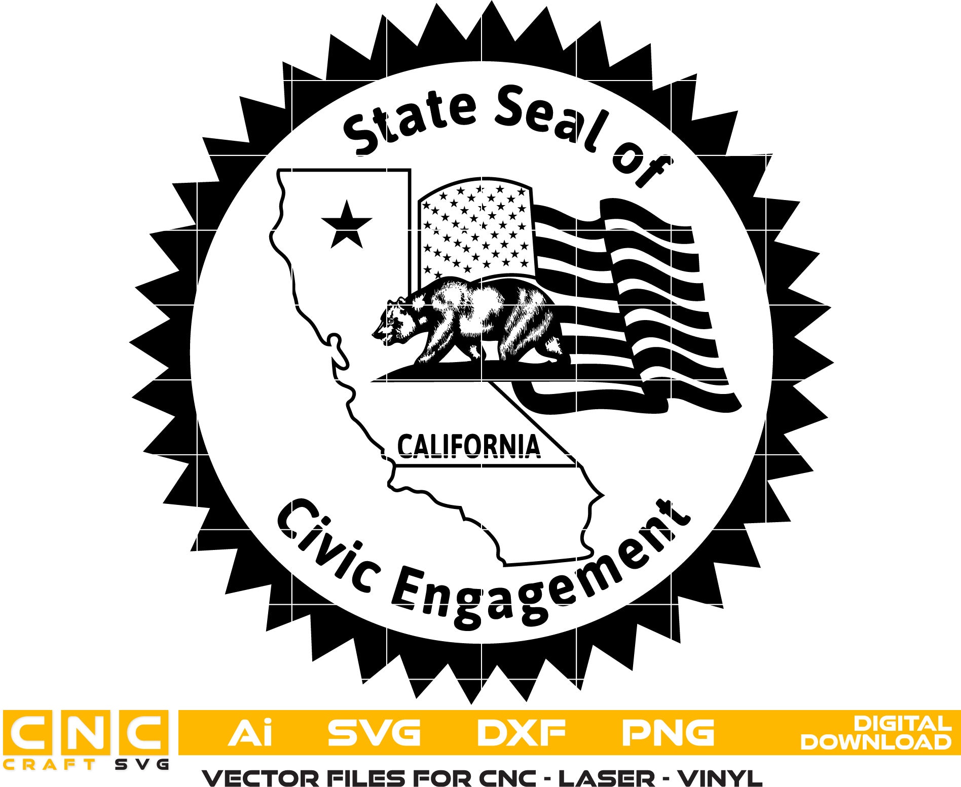 State Seal of Civic Engagement, California Seal Vector art Svg, Dxf, Jpg, Png and Ai files For laser engraving, woodworking, acrylic painting, and all printing machines.