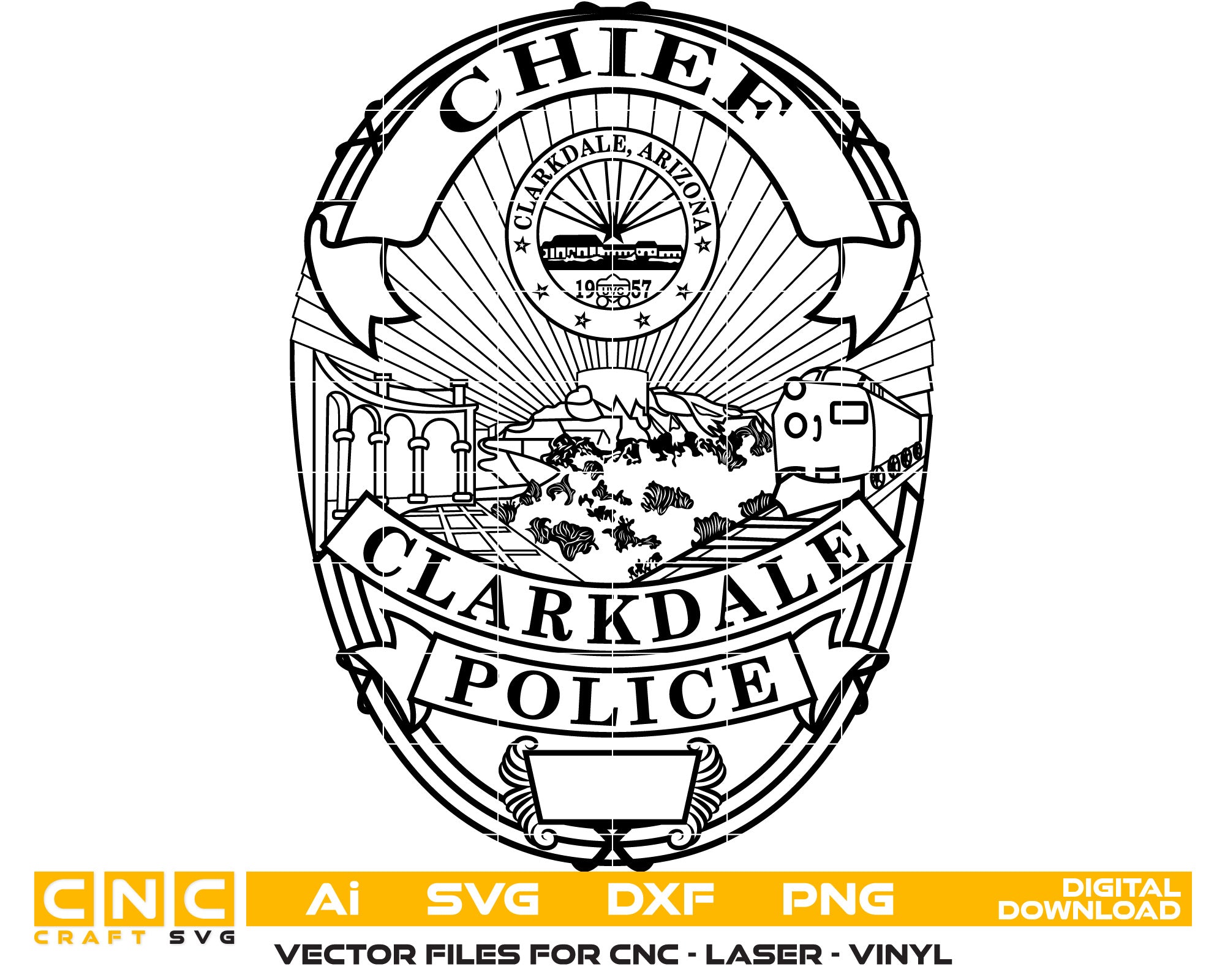 State of Arizona Clarkdale Police Chief Badge Vector art Svg, Dxf, Jpg, Png, and Ai files For laser engraving, woodworking, acrylic painting, and all printing machines.