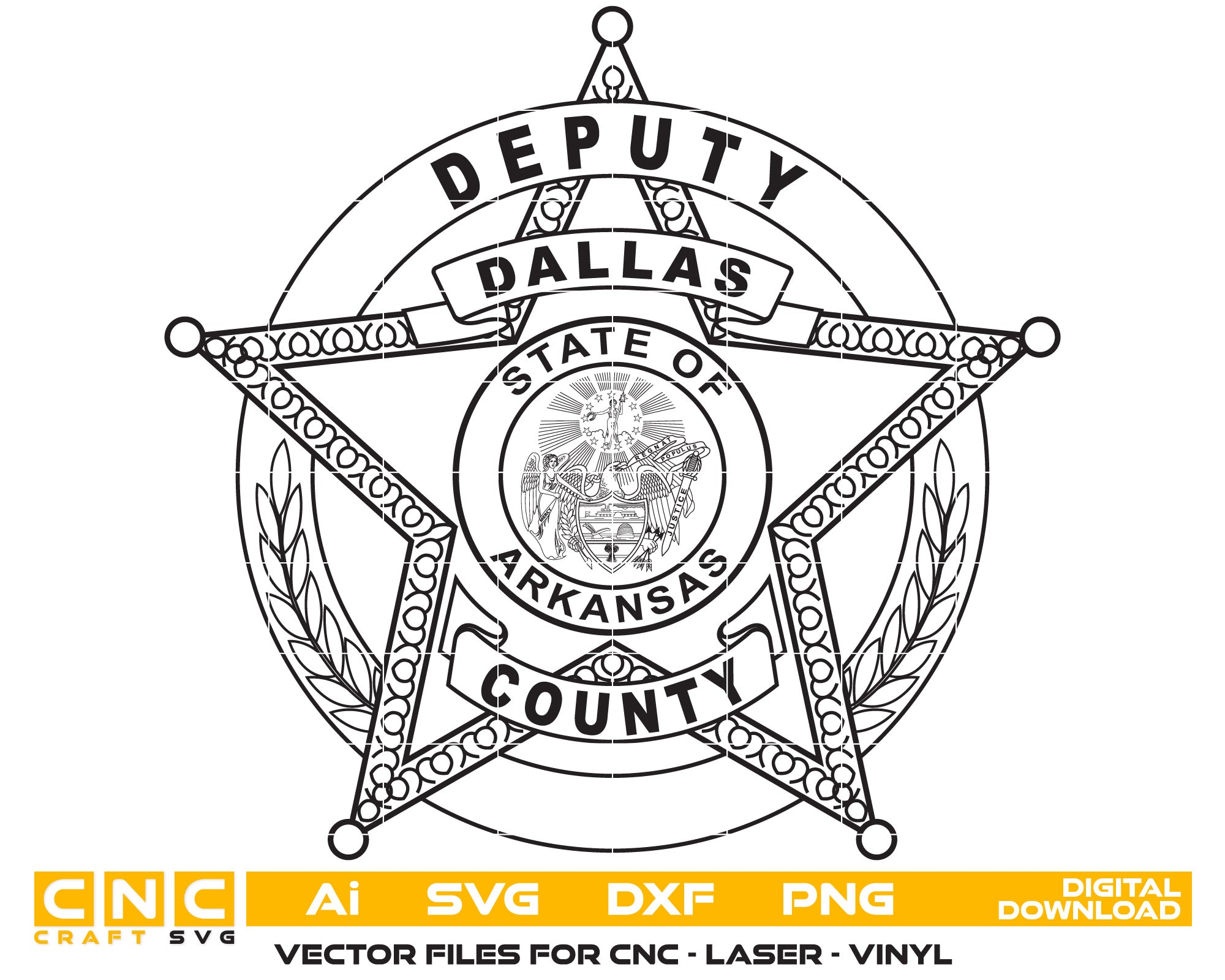 State of Arkansas Dallas County Deputy Sheriff Badge Vector art Svg, Dxf, Jpg, Png, and Ai files For laser engraving, woodworking, acrylic painting, and all printing machines.