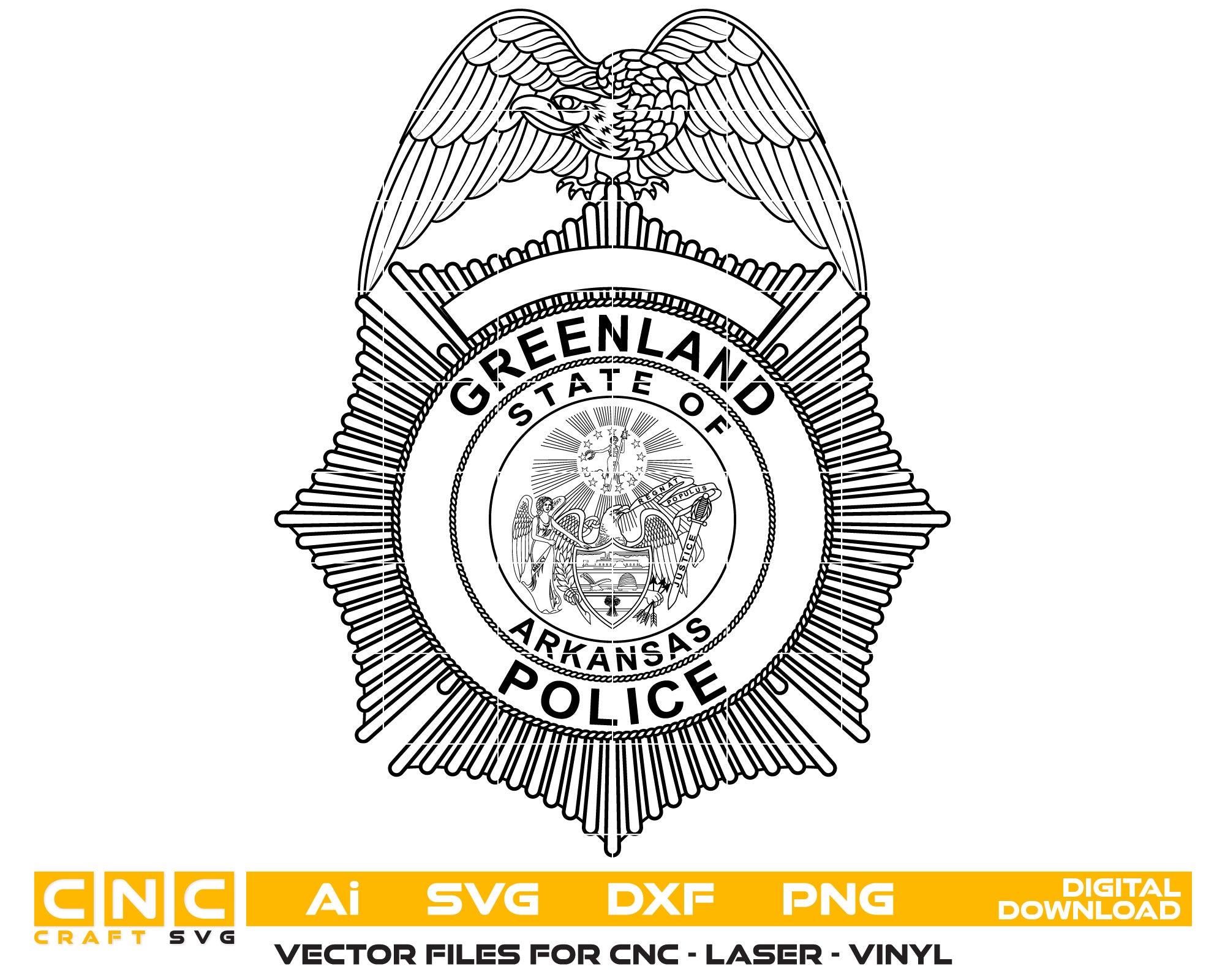 State of Arkansas Greenland Police Badge Vector art Svg, Dxf, Jpg, Png, and Ai files For laser engraving, woodworking, acrylic painting, and all printing machines.