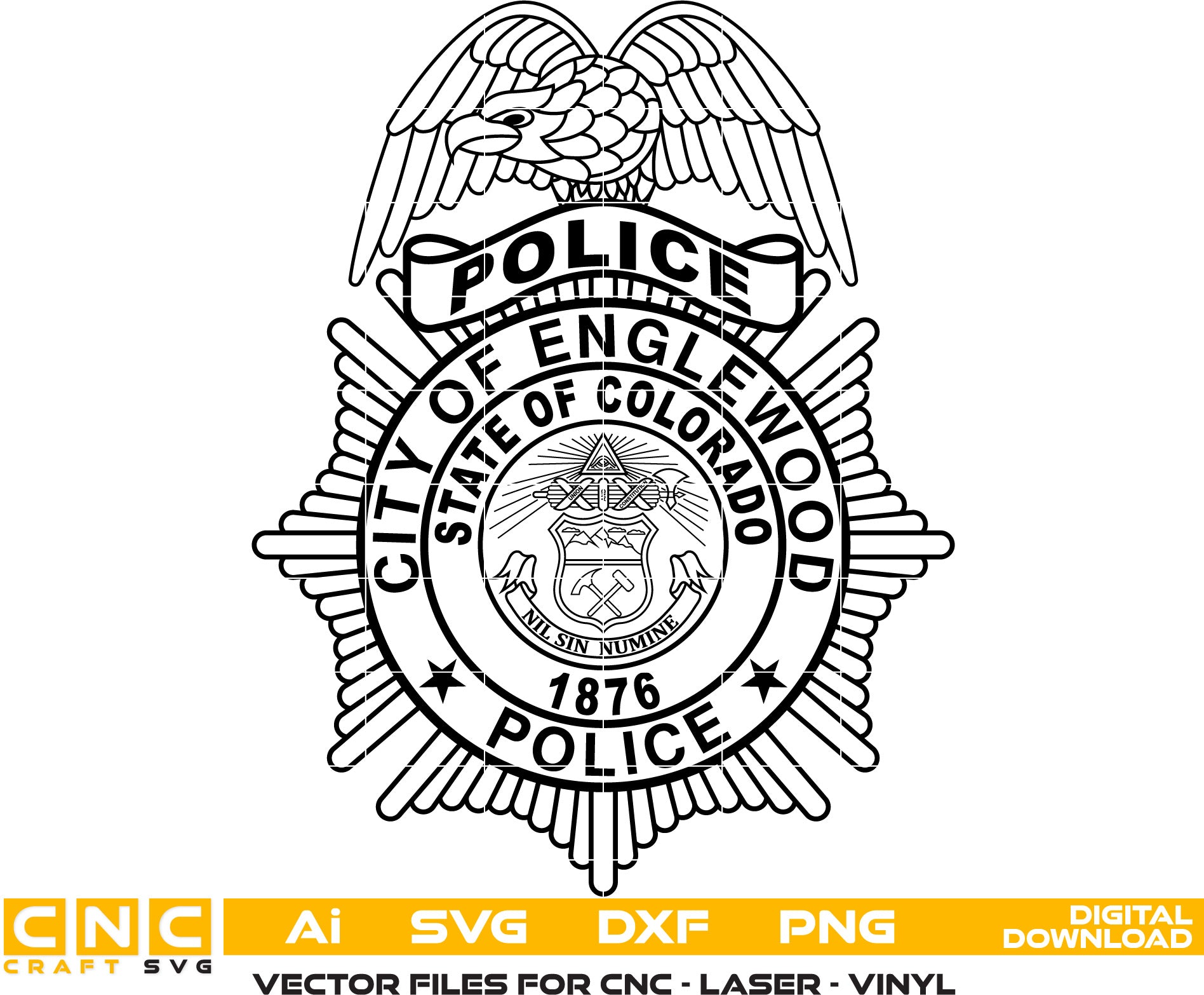 State of Colorado Englewood Police Badge Vector Art, Ai,SVG, DXF, PNG, Digital Files for Laser Engraving, Woodworking, Printing, CNC Router, Cricut, Ezecad etc.